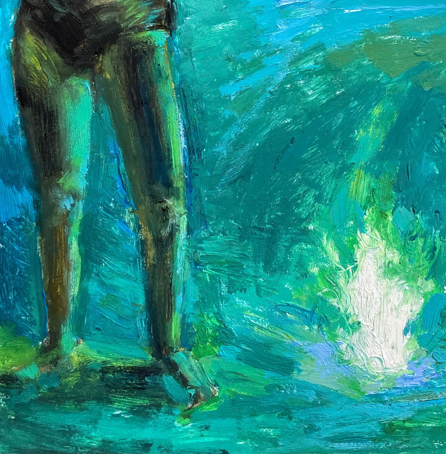 Colorful oil painting in blues and greens of a woman's legs immersed in water; artist E. E. Jacks