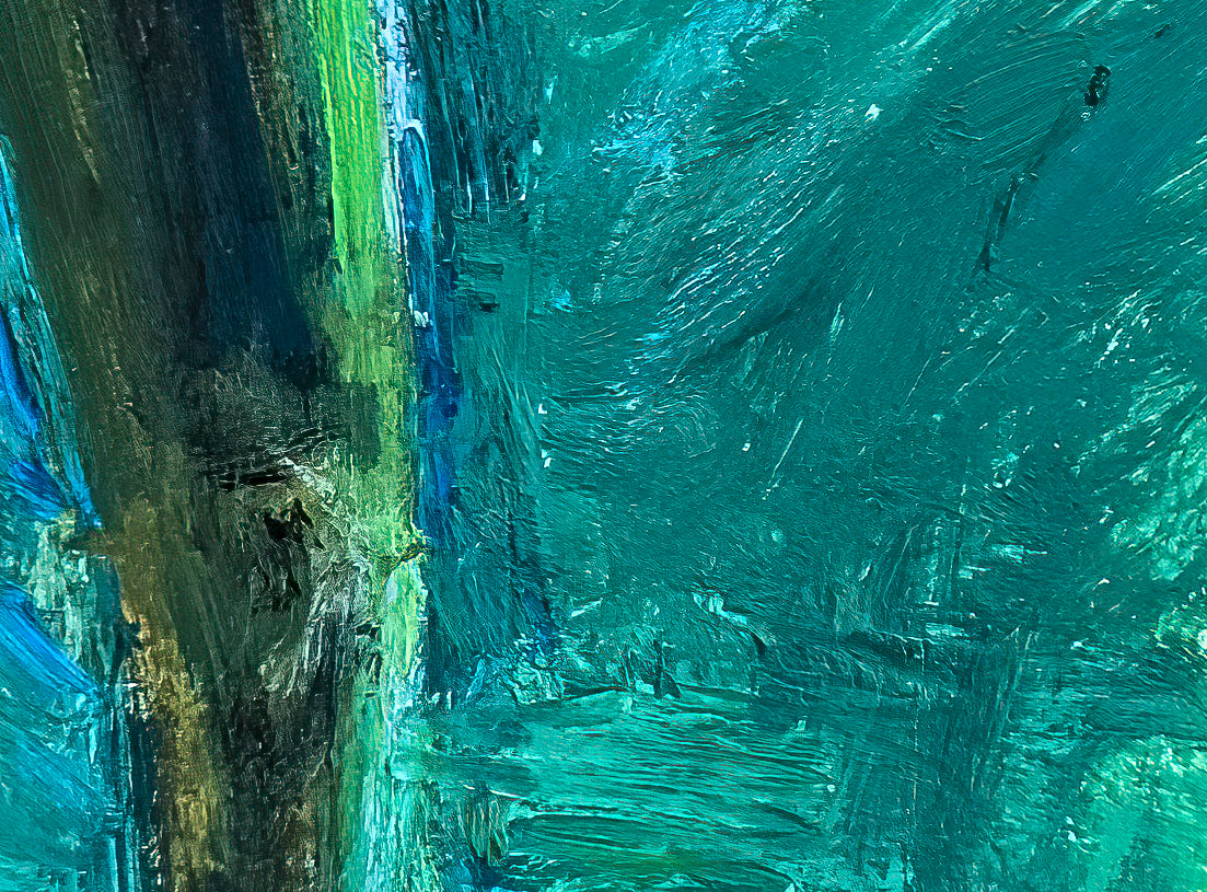 Close up of brush strokes; Colorful oil painting in blues and greens of a woman's legs immersed in water; artist E. E. Jacks