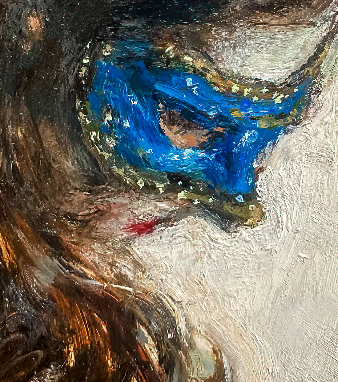 Close up of woman's face and mask; Oil painting of a woman with long dark hair wearing a blue mask with eyes cast downwards against an off-white background; E. E. Jacks artist