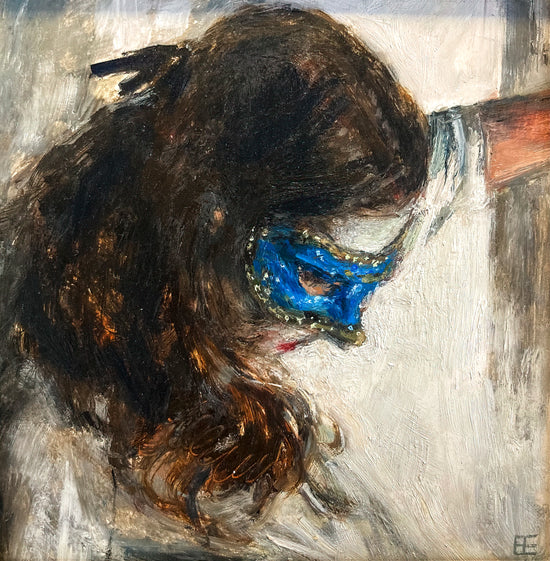 Oil painting of a woman with long dark hair wearing a blue mask with eyes cast downwards against an off-white background; E. E. Jacks artist