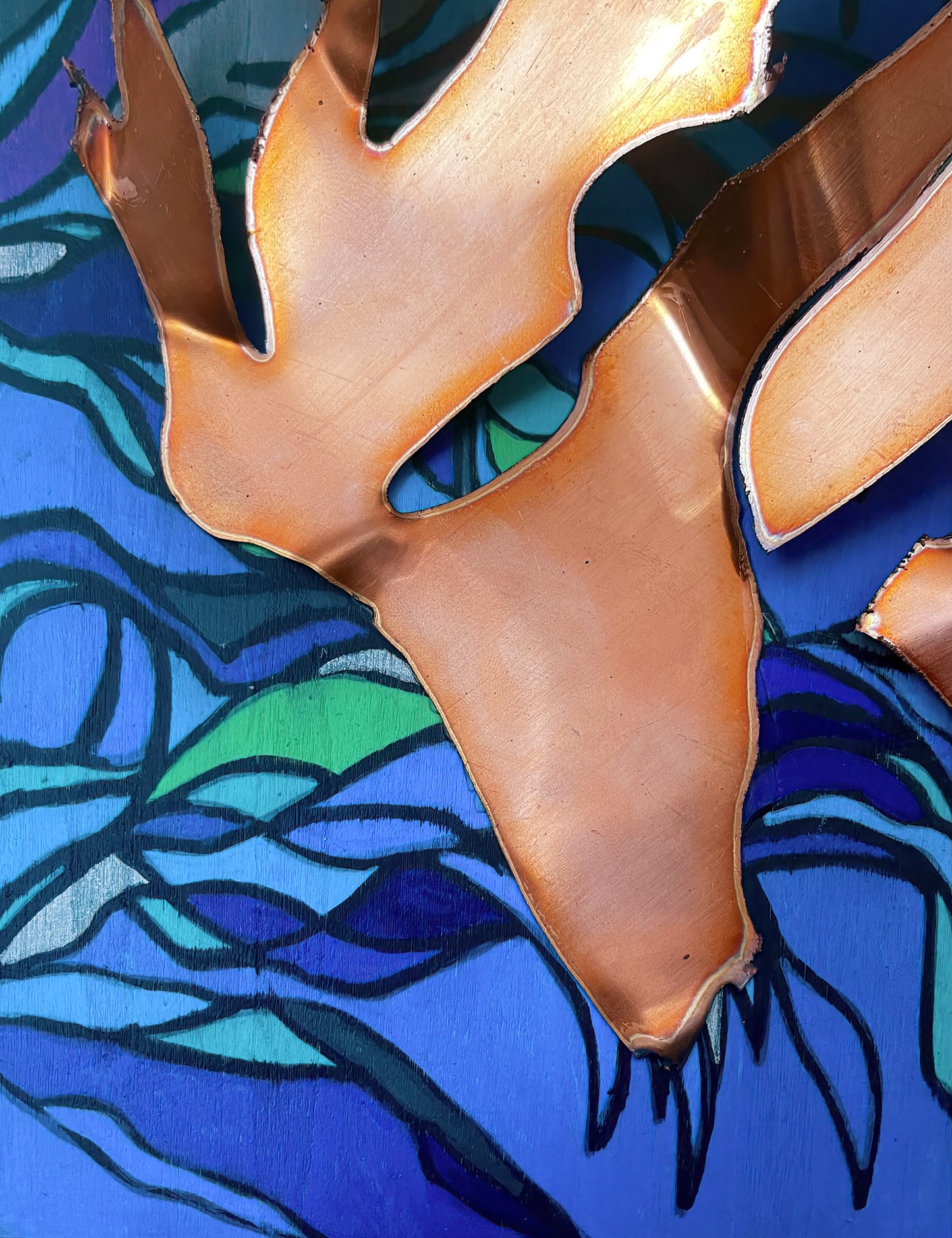 Image shows a portion of the artwork highlighting the copper overlaying the blue acrylic tones of the "ocean". 