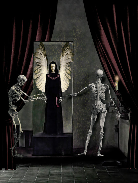 Digital composite of a woman in long gown with wings in a glass case guarded by two skeletons; 10