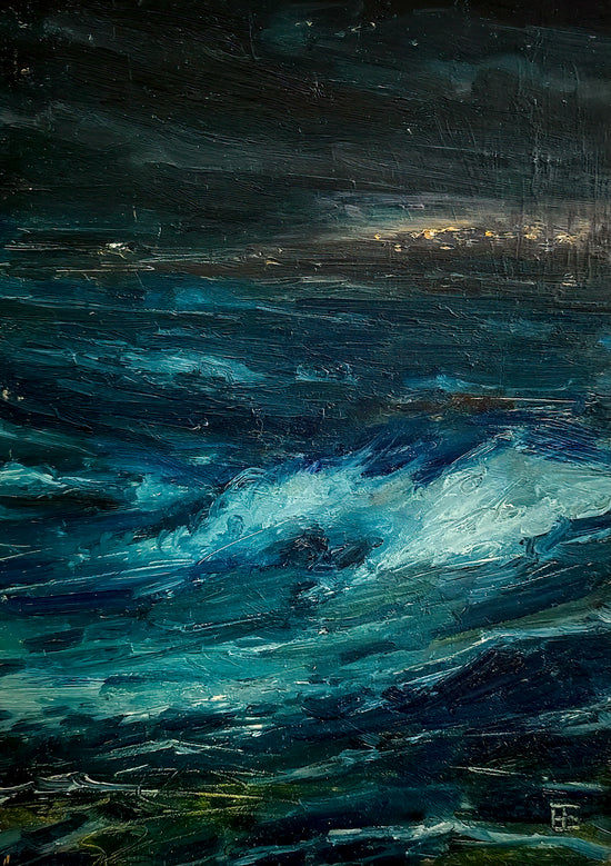 The scene is as it sounds, a roaring sea with the water raging. There are white caps on the water and in the background we can see land with lights penetrating the dark sky.