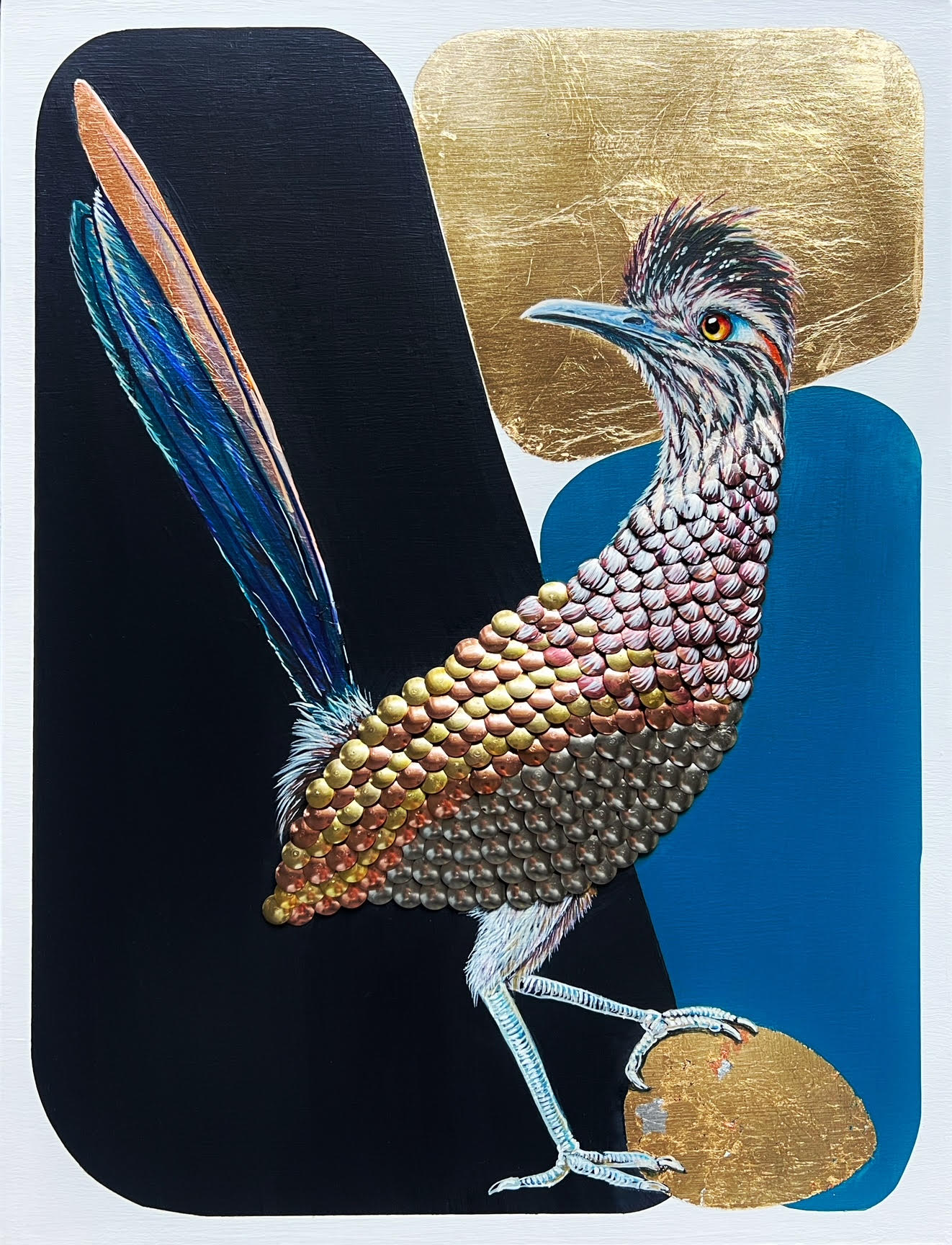 Acrylic painting of roadrunner with two shades of blue background, gold and copper leafing, clay, gold and copper thumbtacks; artist Marie Lavallee; 12"Wx16"H