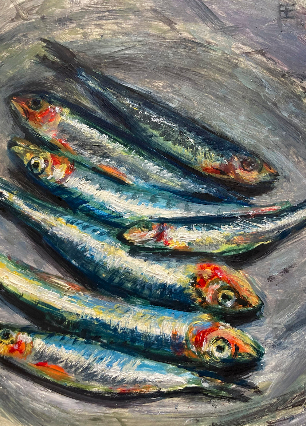 Seven colorful sardines laid out on a silver background; artist E.E. Jacks; 5"Wx7"H