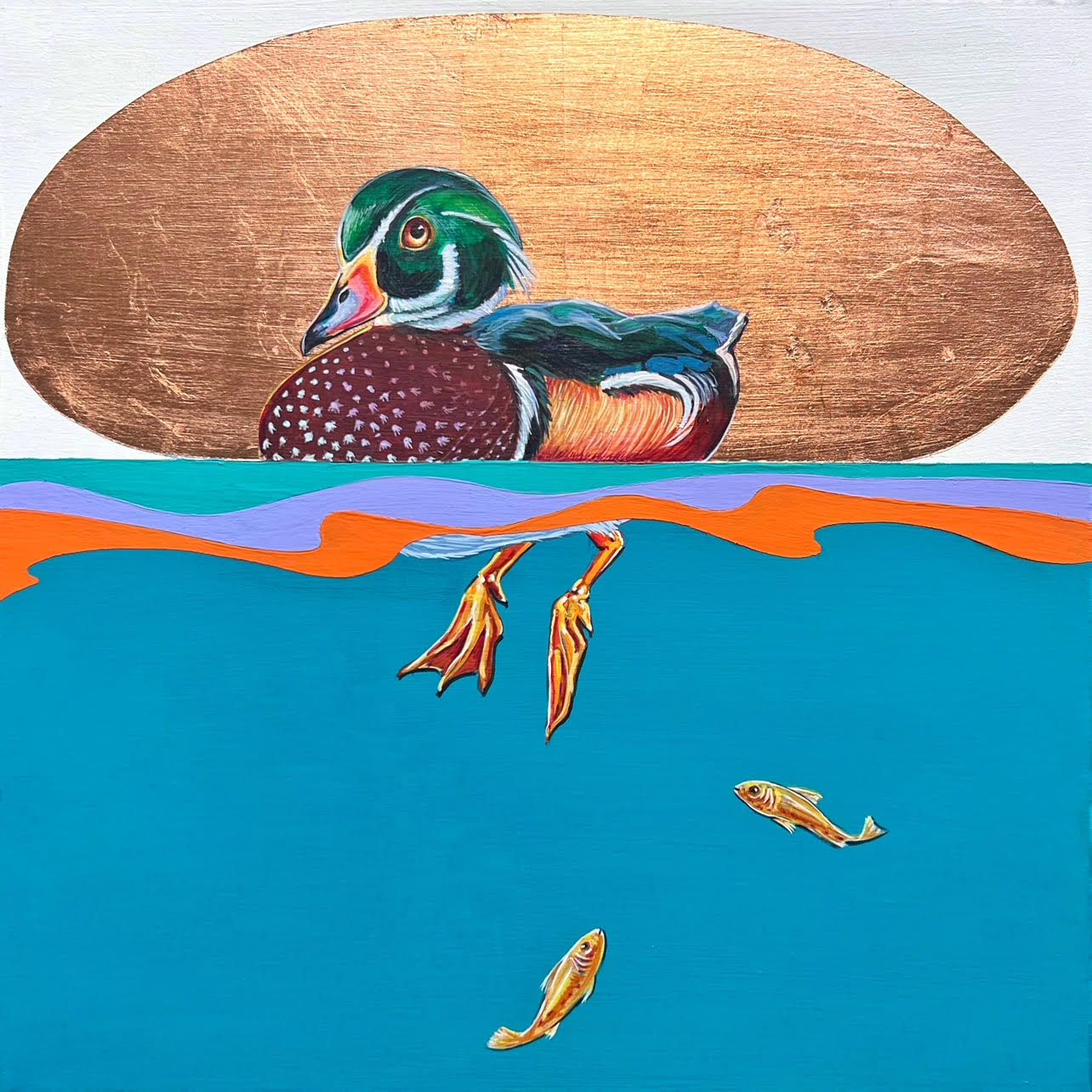 Colorful mallard duck with copper leaf background and underwater view of his dangling feet and two small fish; artist Marie Lavallee; 12"x12"