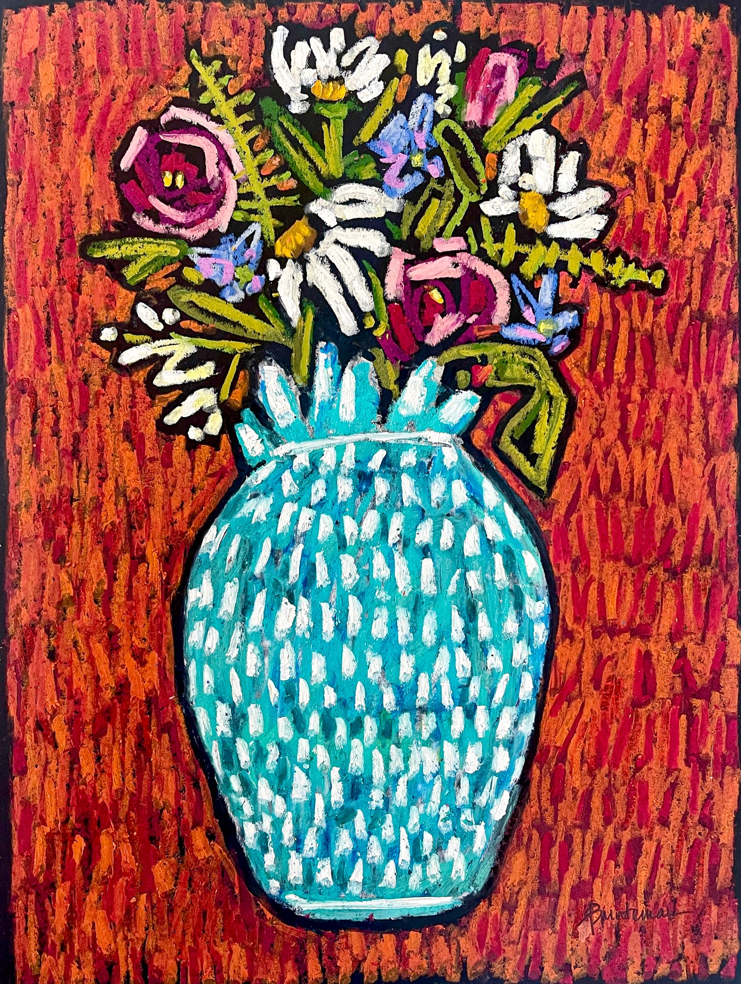 Colorful oil pastel painting that bursts with color from the mixed floral bouquet to the turquoise vase against an orange-red textured background.