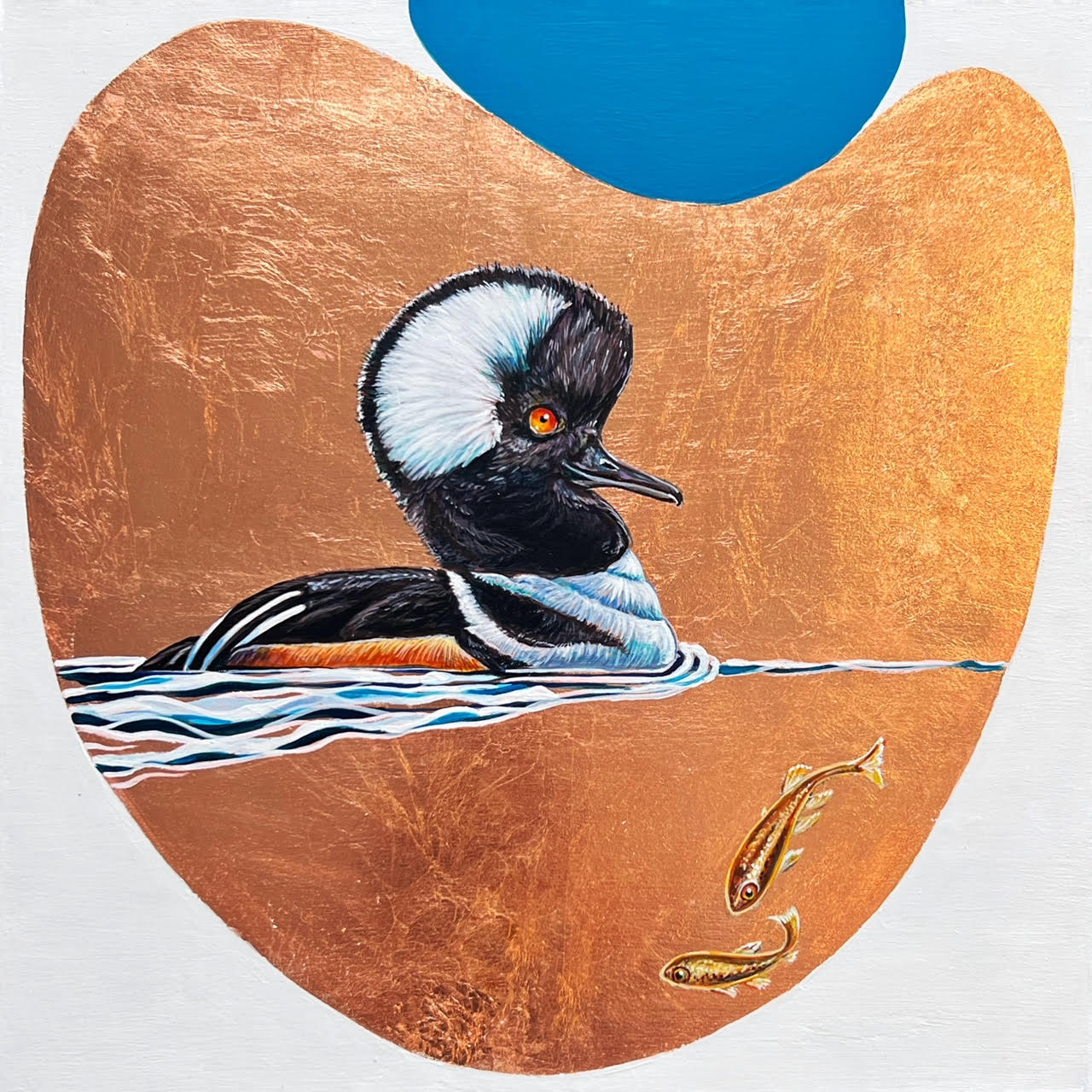 Waterfowl on a copper leaf background with blue sky accent. Two small fish swim nearby; artist Marie Lavallee; 12"x12"