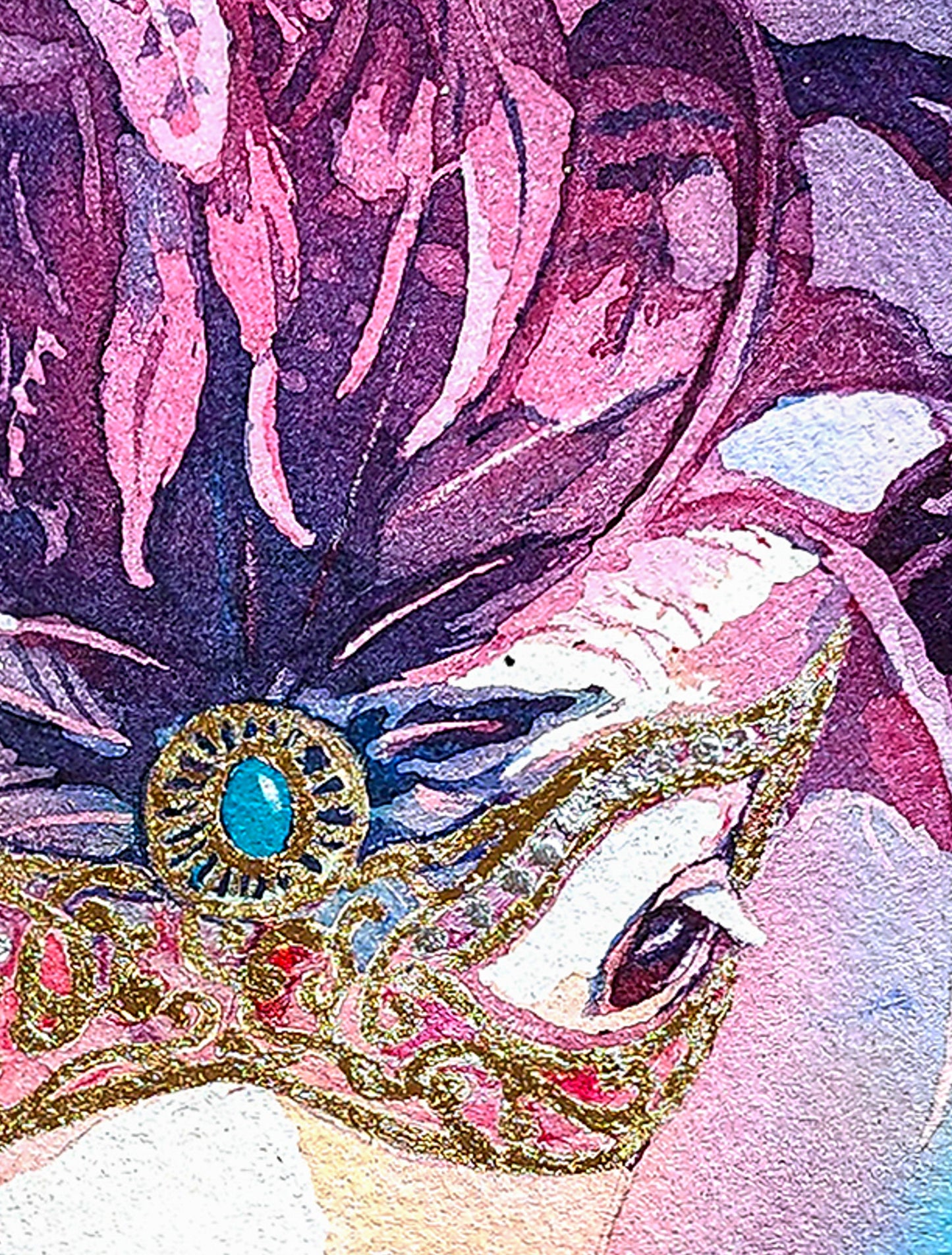 This zoomed in image shows the gilded mask and feathered headdress. The cows long lashes are highlighted in white. 