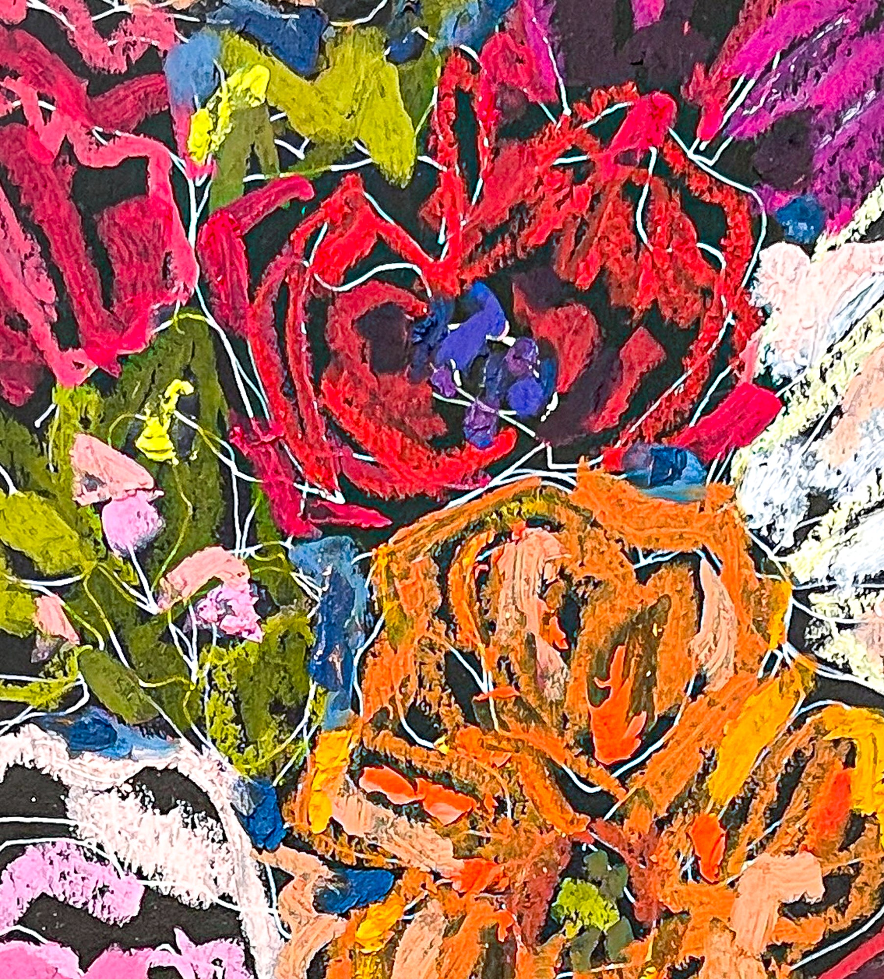 Close up image of flowers in the mixed bouquet. Colors include red, orange, bright and dark shades of green, hits of blue, pink and white.