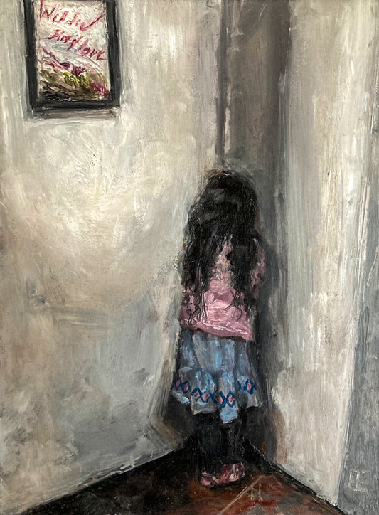 A small girl, with long black hair, dressed in a pink sweater and blue skirt stands in the corner. A painting with the words, Wilder Shores of Love hangs to the side; artist E. E. Jacks