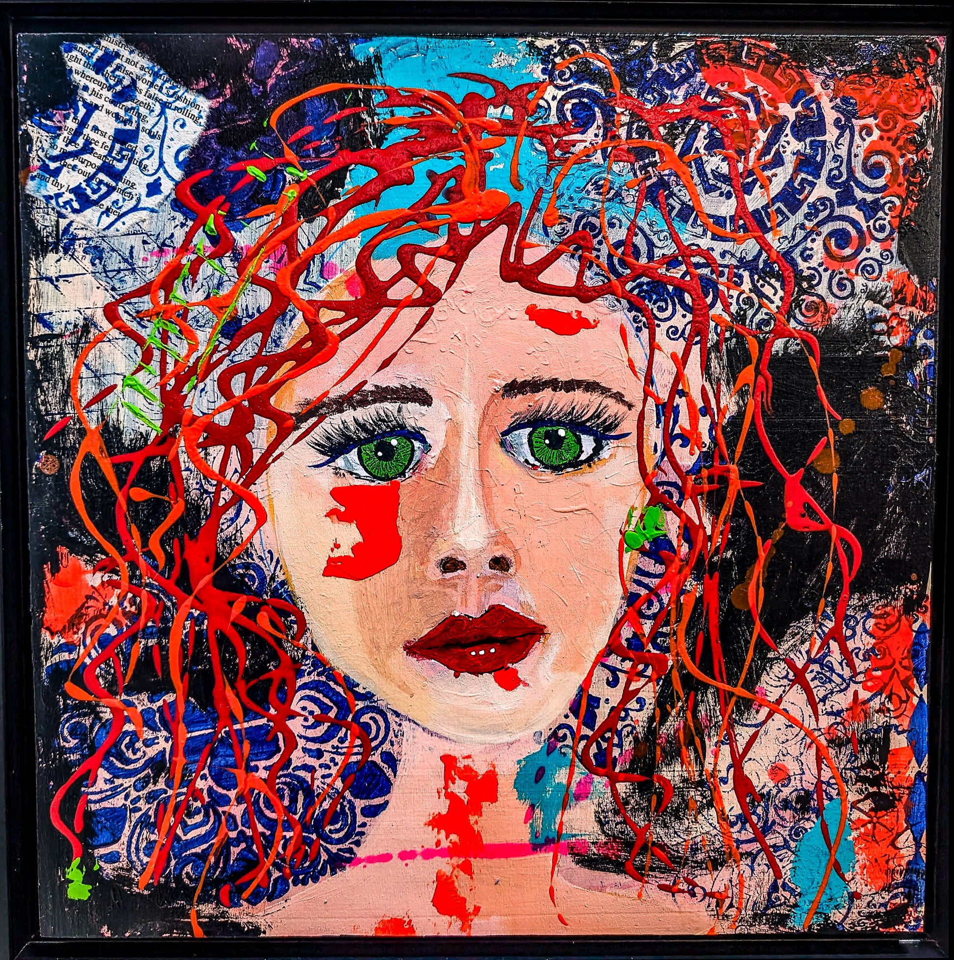 Colorful acrylic impressionist painting of a green-eyed girl with red squiggly hair locks; artist Gina Barnes; 12x12; w/black floater frame