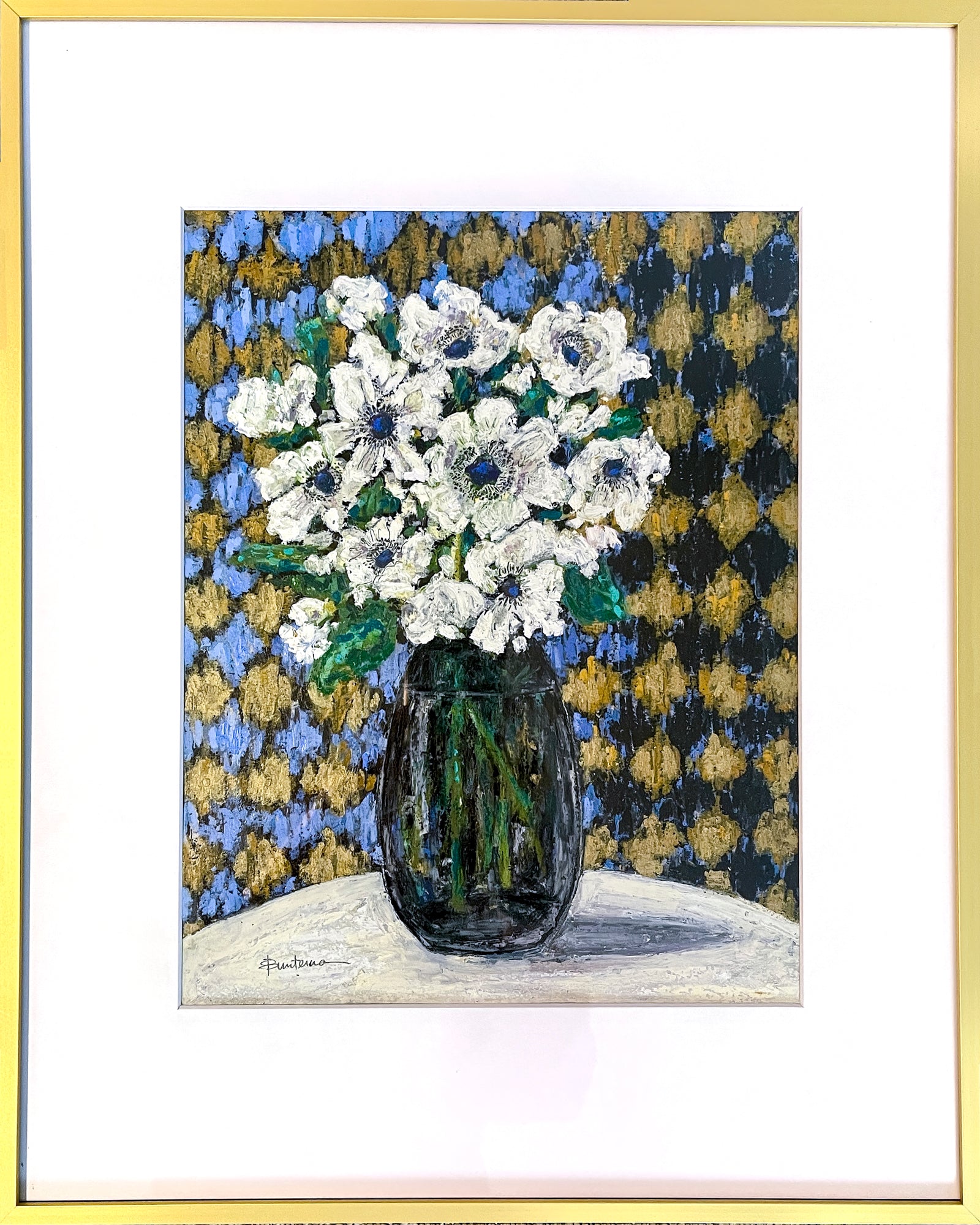 White anemones still life in clear smoky glass vase with patterned background; watercolor and oil pastel, 17"x23"with frame; artist Rachel Bunteman