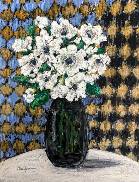 White anemones still life in clear smoky glass vase with patterned background; watercolor and oil pastel, 11"x17"w/o frame; artist Rachel Bunteman