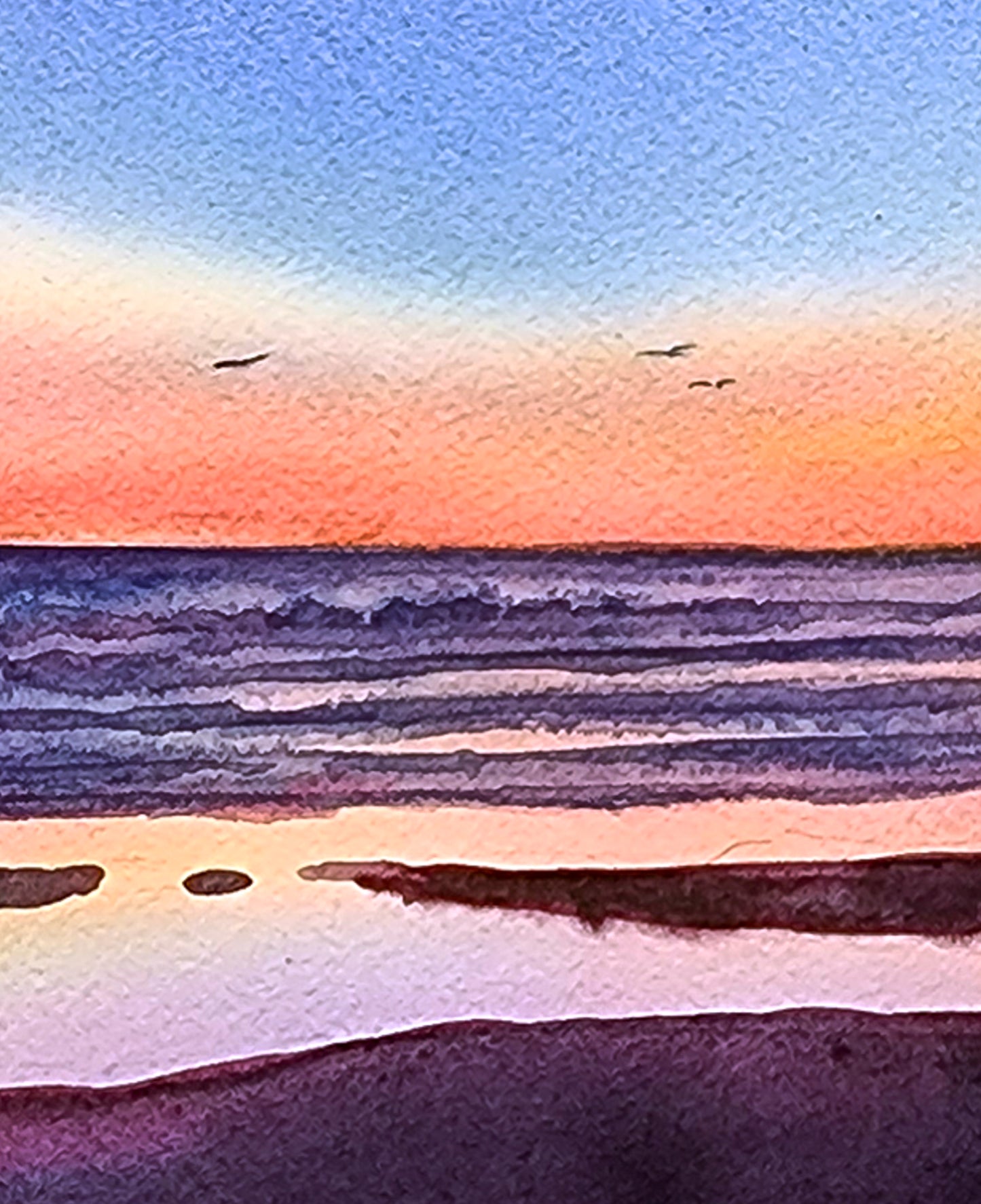 This close up image shows the impact of the texture of the watercolor paper and Lambert's ability to create a number of hues in the water, including a metallic reflection of the sunset. 