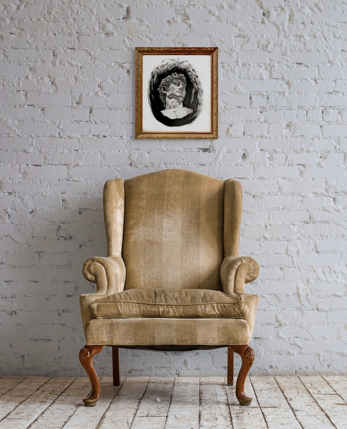 This is an in situ image showing the artwork hanging on an off white brick wall placed over a gold wing backed chair.