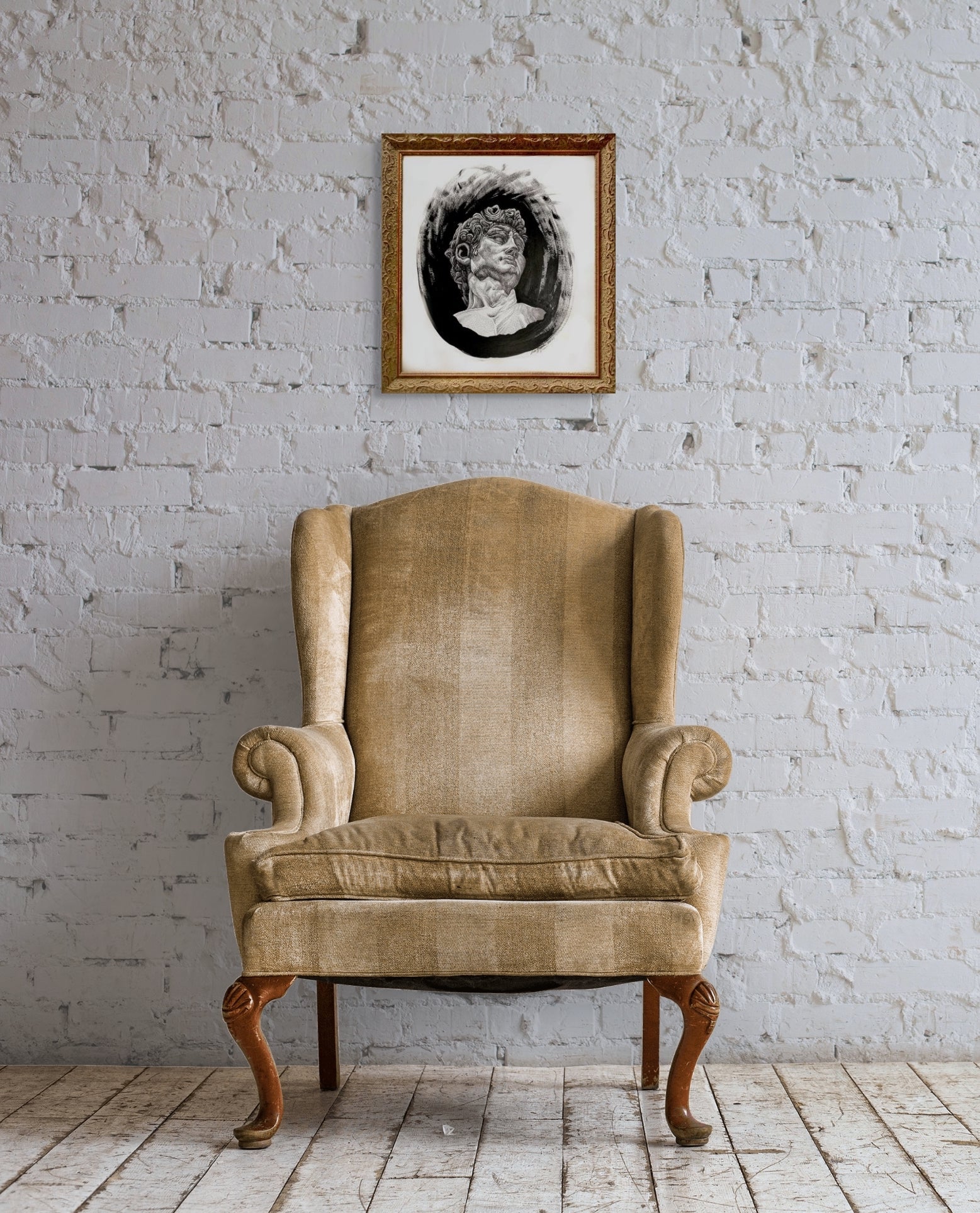 This is an in situ image showing the artwork hanging on an off white brick wall placed over a gold wing backed chair.