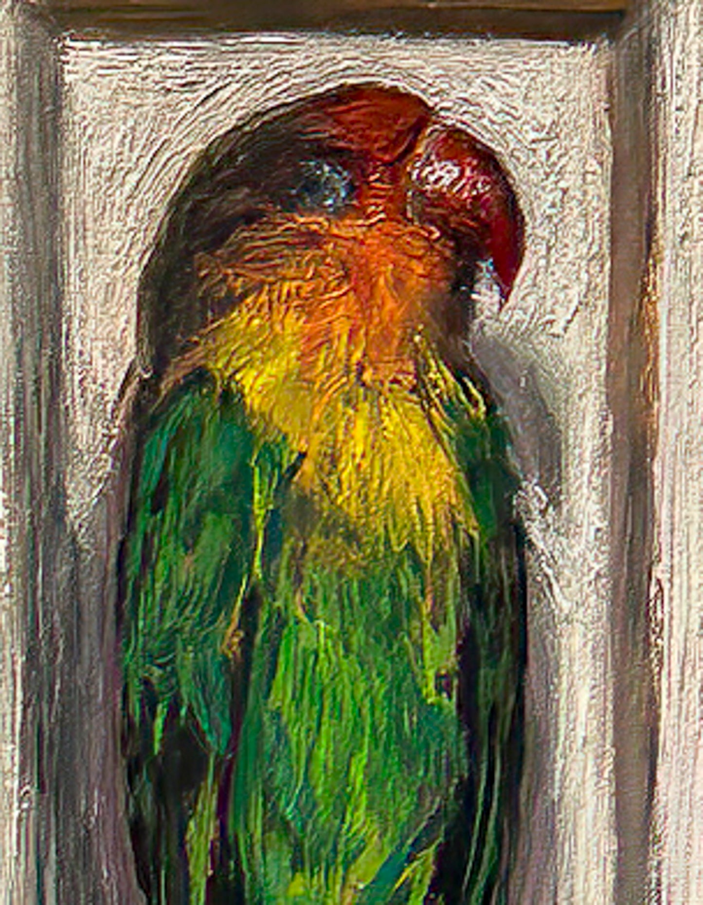Closeup of a painting of a colorful dead parrot lying in a small enclosure on a textured light brown background