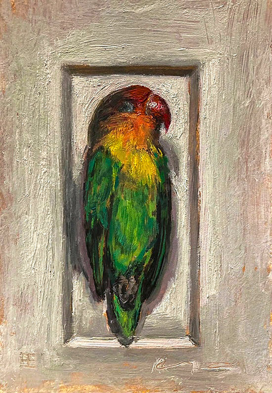 Painting of a colorful dead parrot lying in a small enclosure on a textured light brown background