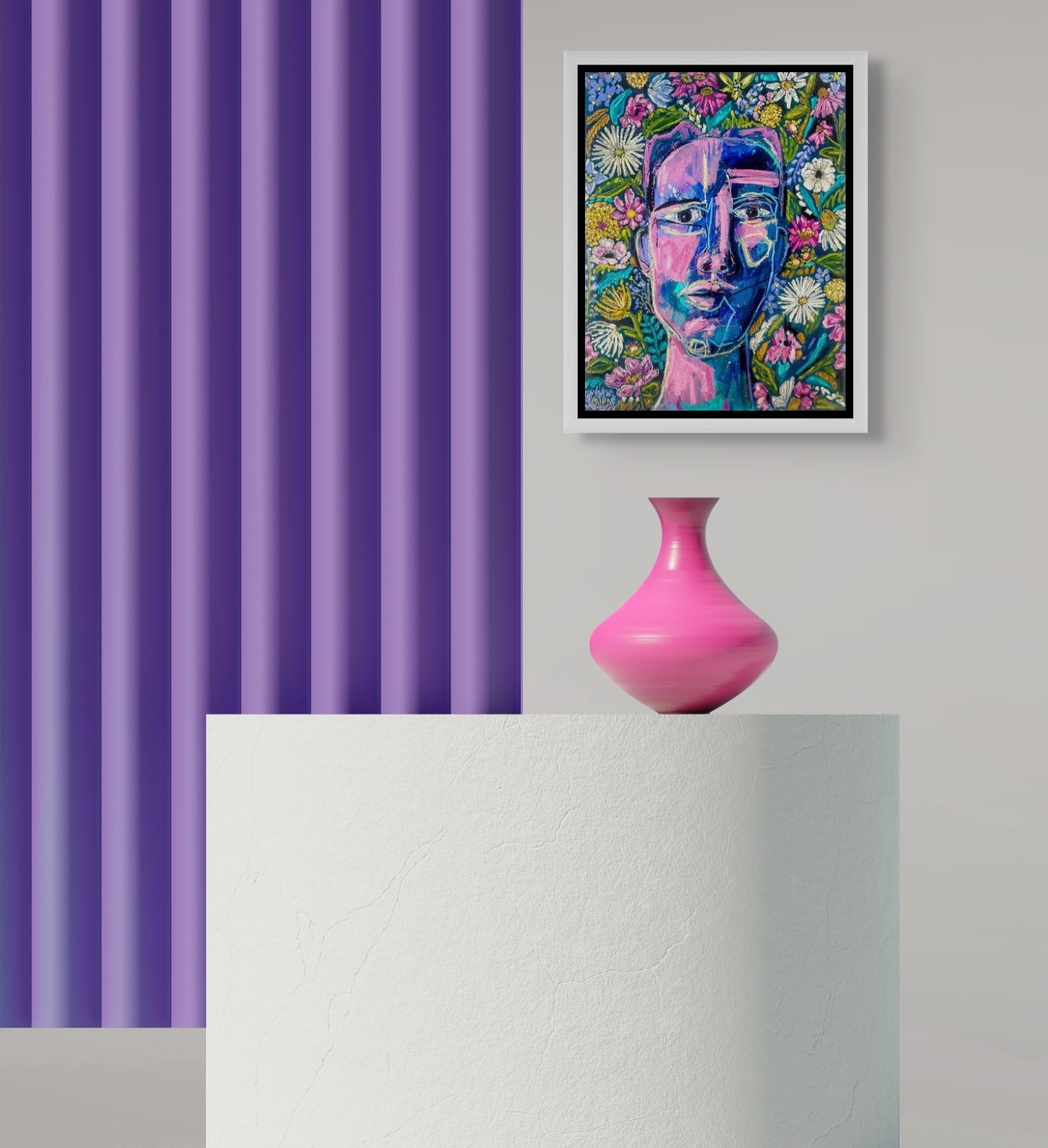 this in situ image shows Finding Center framed in a white frame with a small black inner trim. It's placed next to a purple curtain and hangs over a white table adorned with a pink vase.