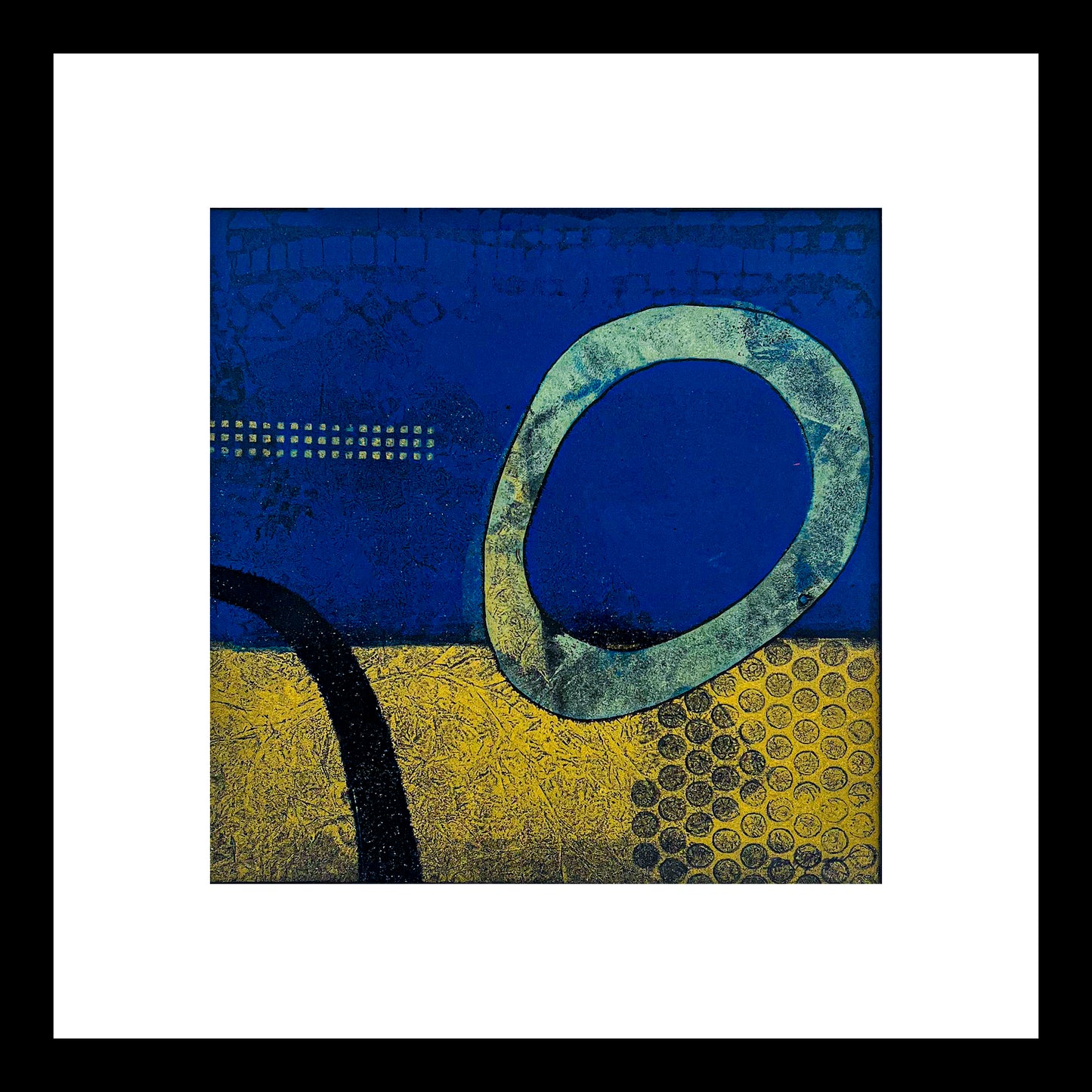 Abstract art piece with blue and yellow background and black textured elements; frame of white mat and black wood; artist Bob Hogue
