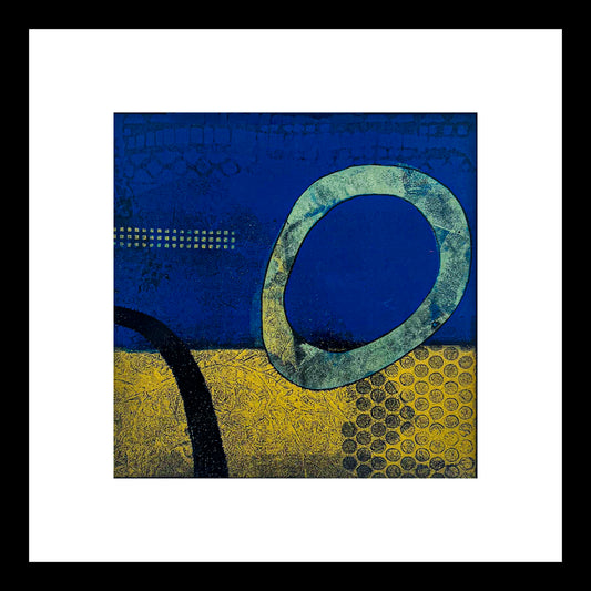 Abstract art piece with blue and yellow background and black textured elements; frame of white mat and black wood; artist Bob Hogue