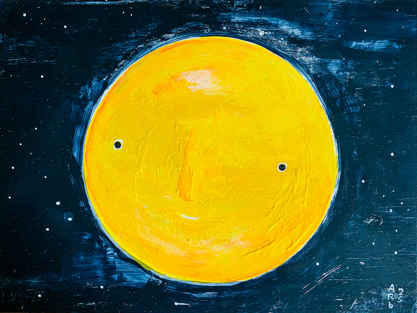 This full yellow moon has a face with a sly smile. It is set on the background of a starry night sky. 