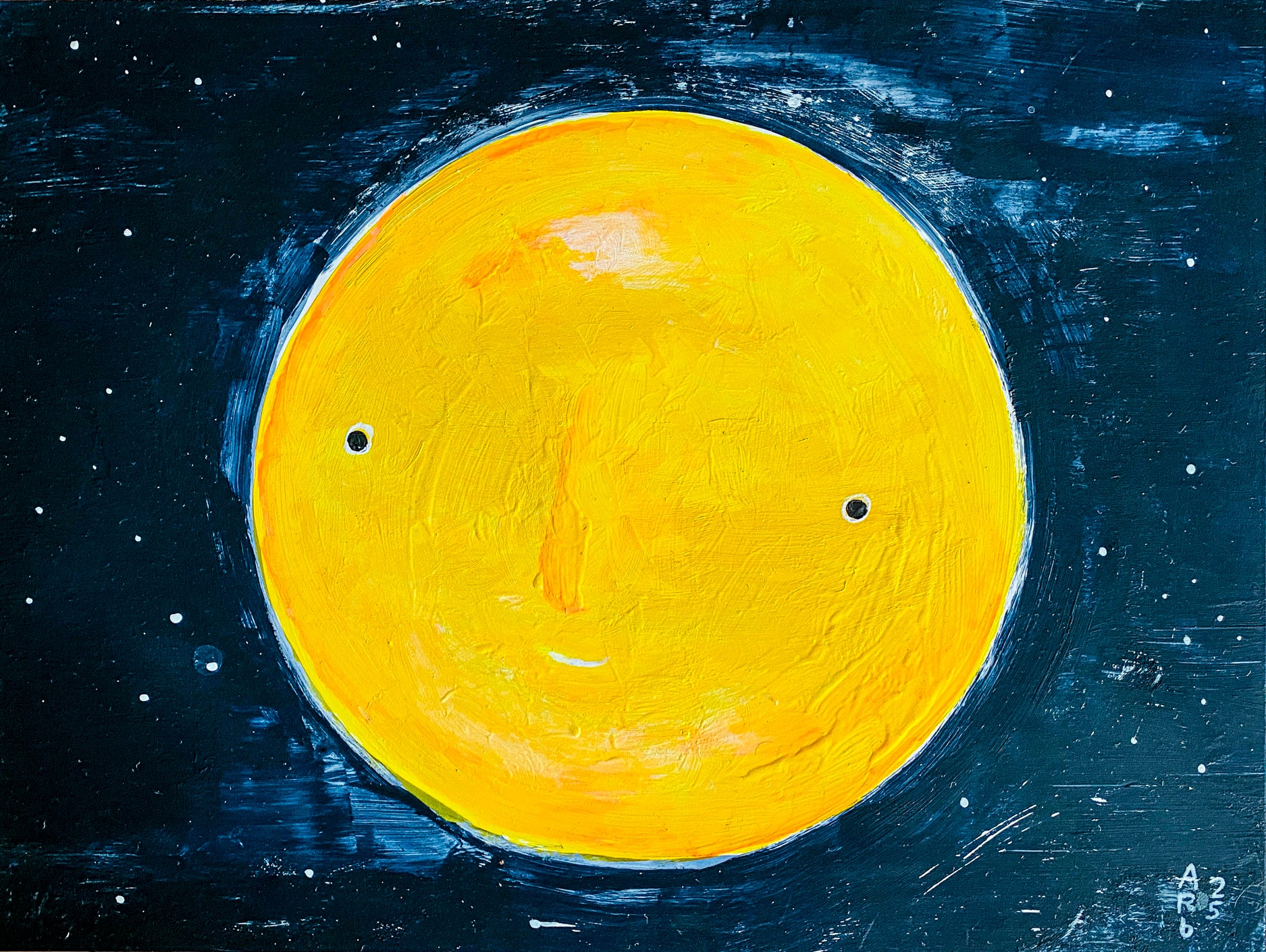 This full yellow moon has a face with a sly smile. It is set on the background of a starry night sky. 