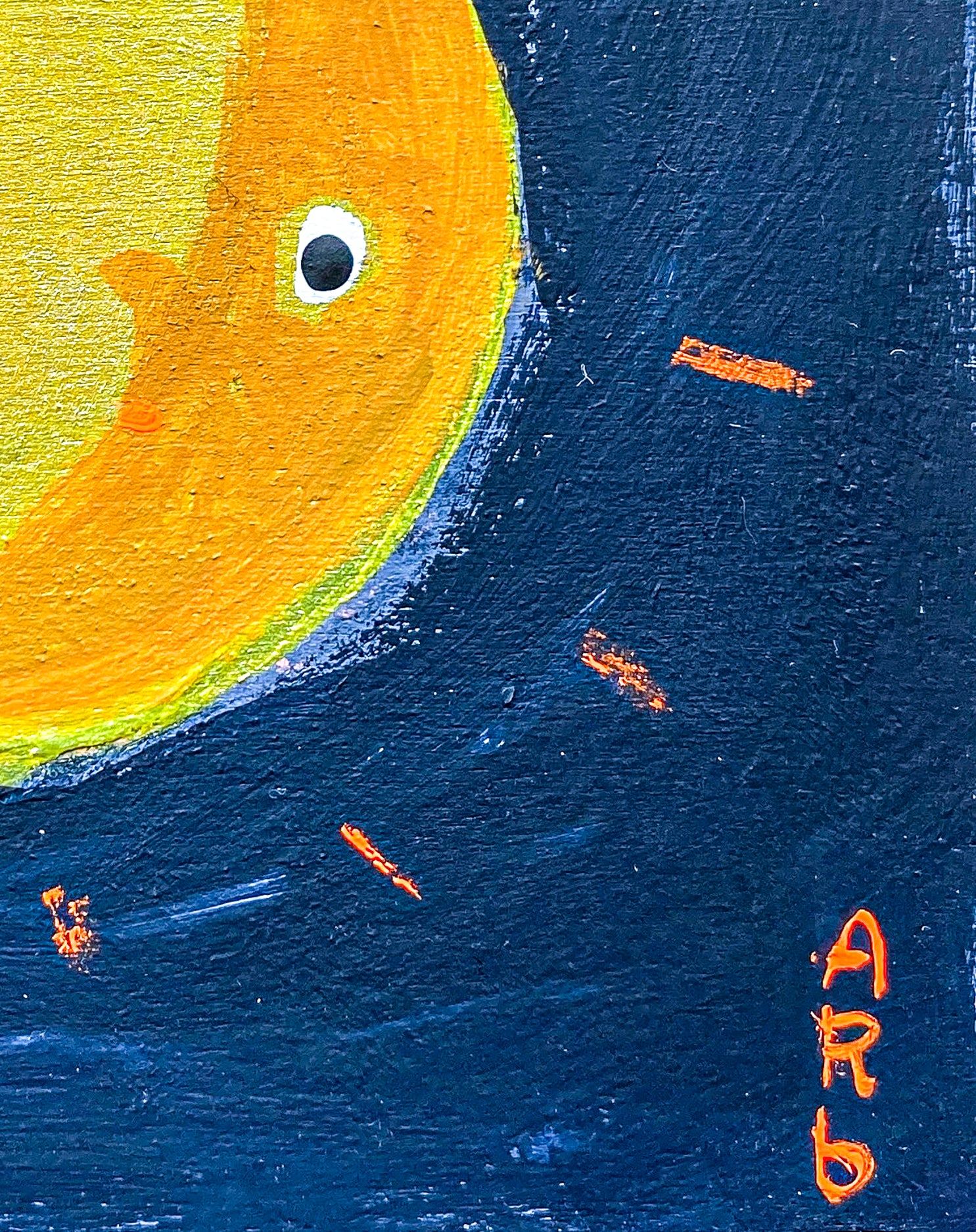 This image shows a close up image of the right side of the moon. Showing the small black eye that works as the eye for the full, or crescent moon. You can see the artist's signature in the bottom right corner. 