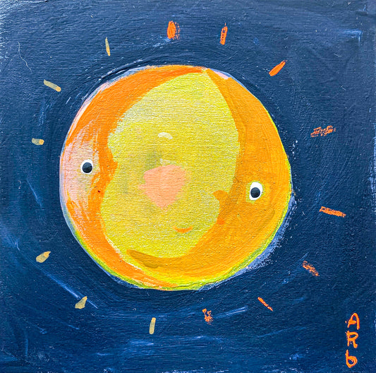 This bright full yellow moon has a face and on the sides of the face are two other moons, each orange crescents. The moon is shown on a bright blue sky with orange and yellow rays shining from the moon. 