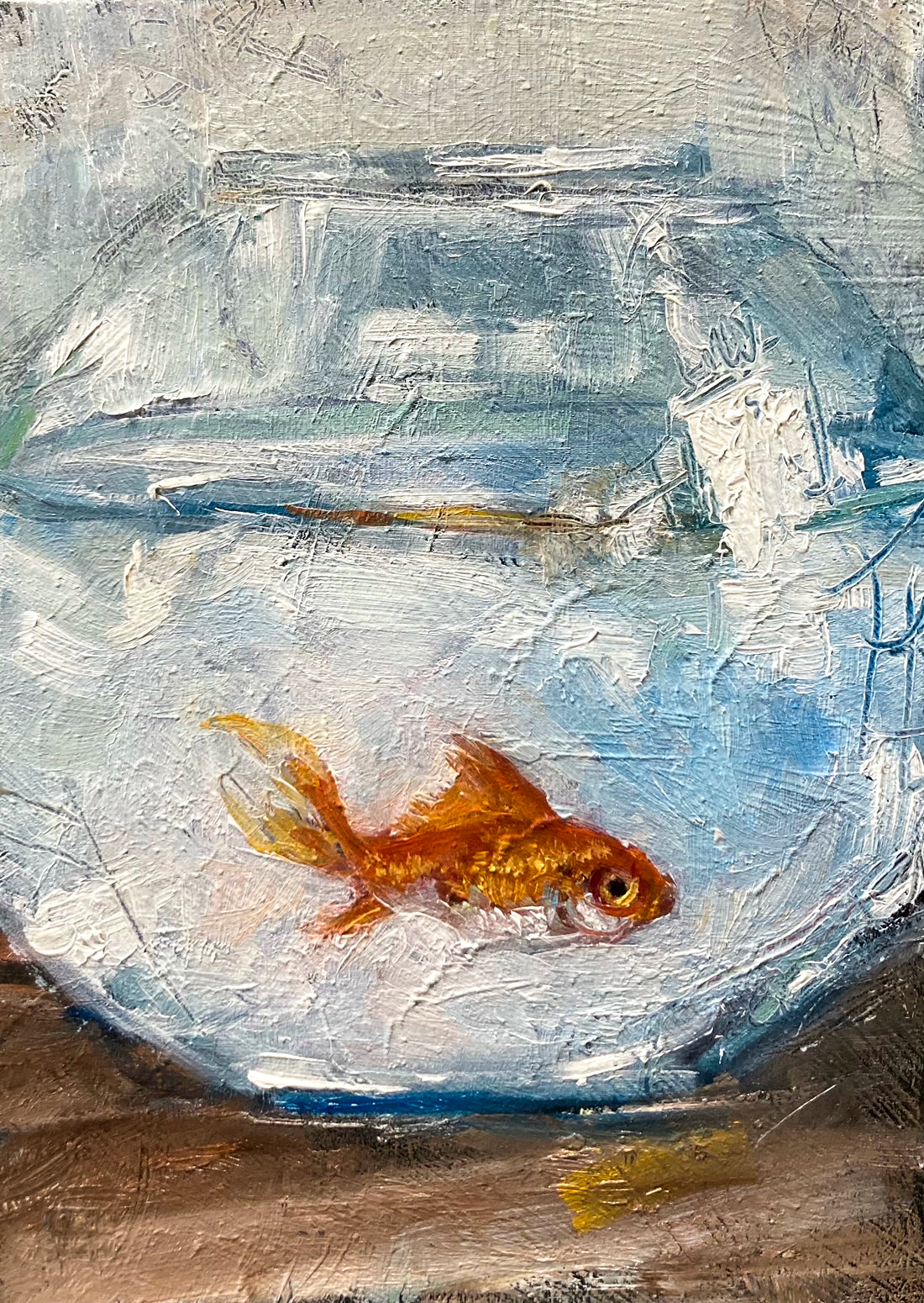 Oil painting of goldfish swimming in round glass bowl