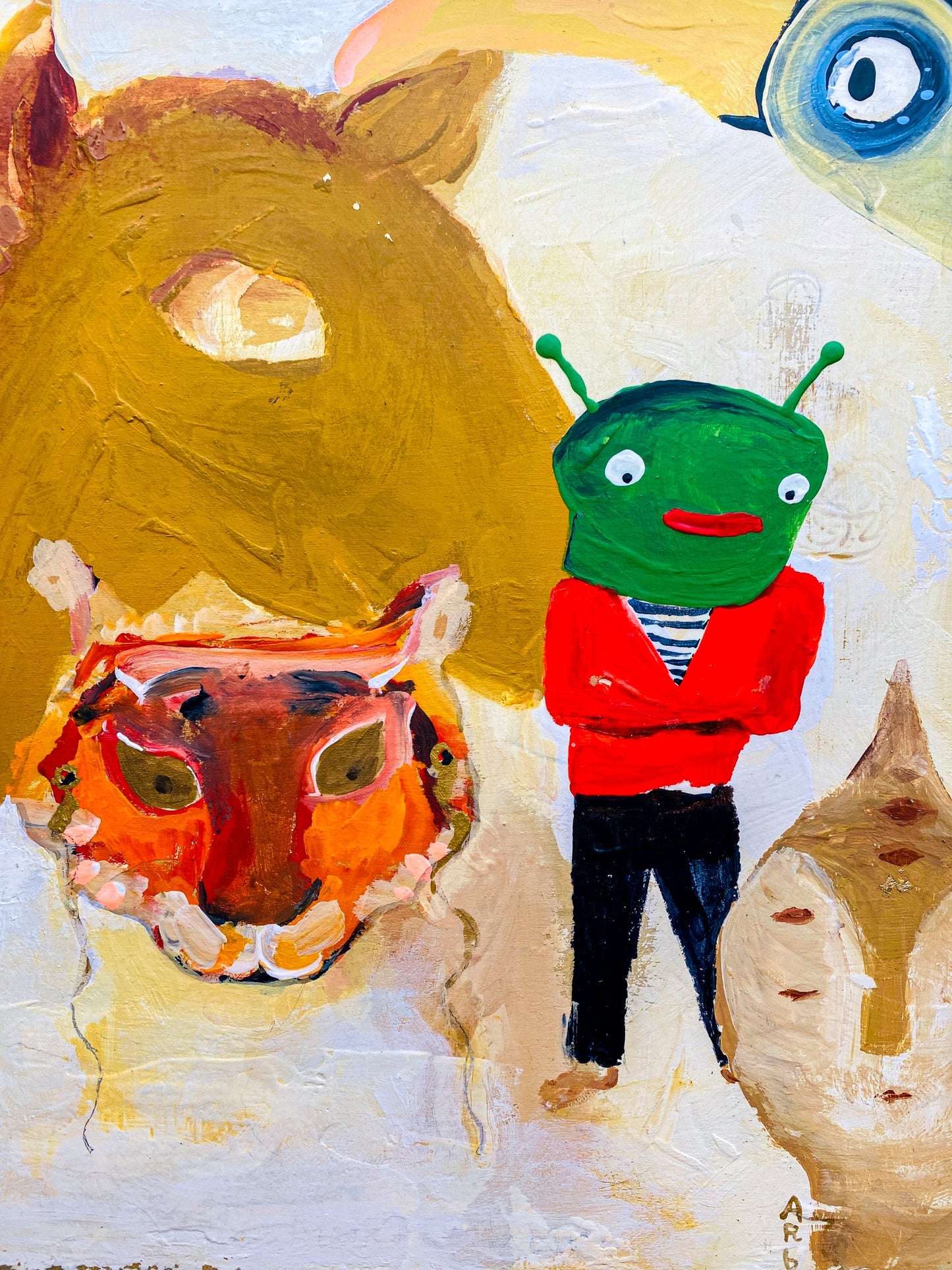 This colorful image shows a tiger, horse head and a blue eye in the upper right corner. Central to the piece stands an person in a red jacket, blue and white shirt and black pants. The person is wearing a green alien mask.