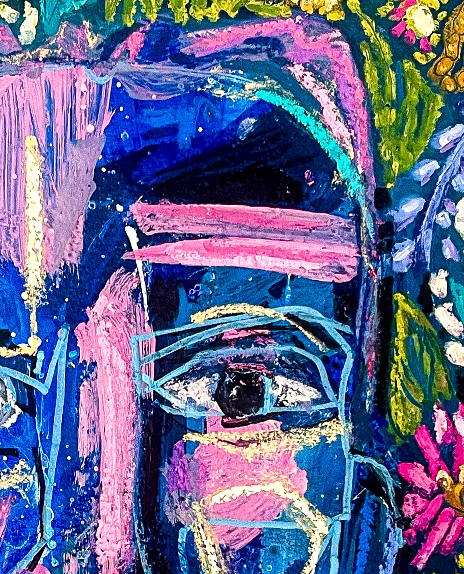 This close up view highlights the right side of the portrait focusing in on the eye. Blue lines surround the white eye, highlighted by two pink lines representing the eyebrows. The greens, blues and deep pink of the floral background is also shown in this image.