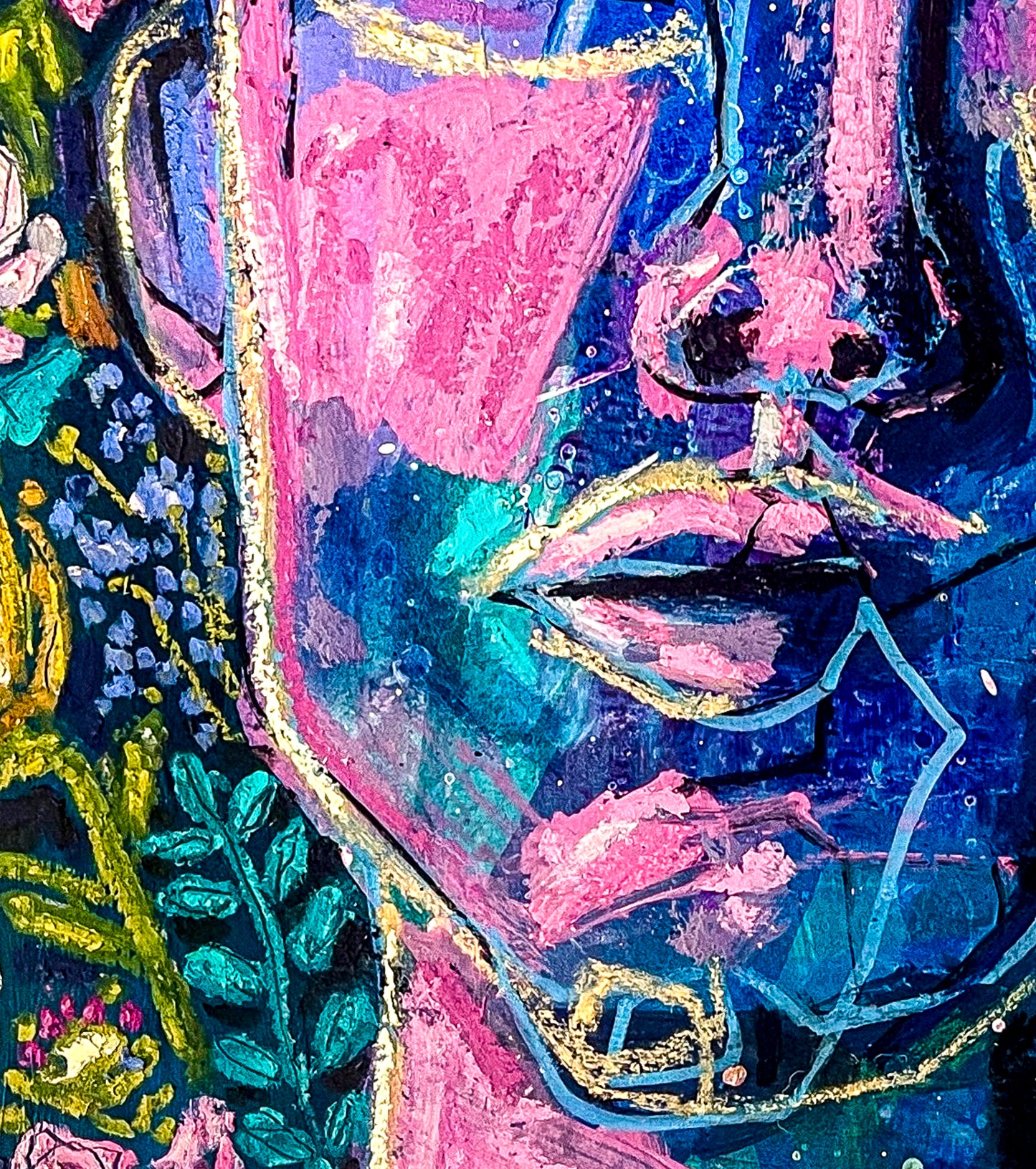 This close up view shows the various layers of color in the abstract portrait. It shows only the side of the face and includes the lips and cheeks. Colors include pink, blue, teal and yellow. 