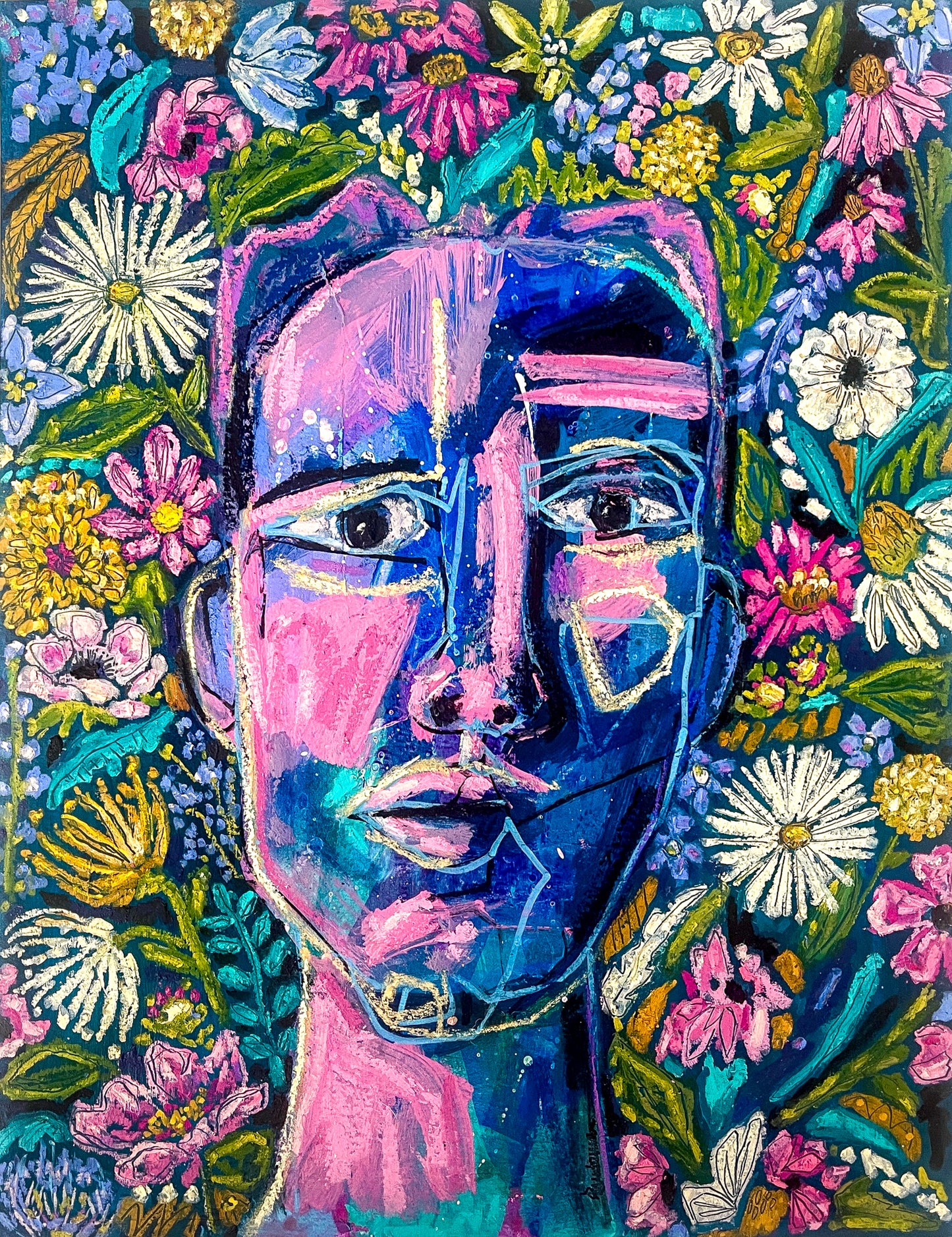 In the center of the image is an abstact face in hues of blue and pink. The eyes stare directly out of  the painting. In the background is a menagerie of flowers of all varieties in bright pastels. 