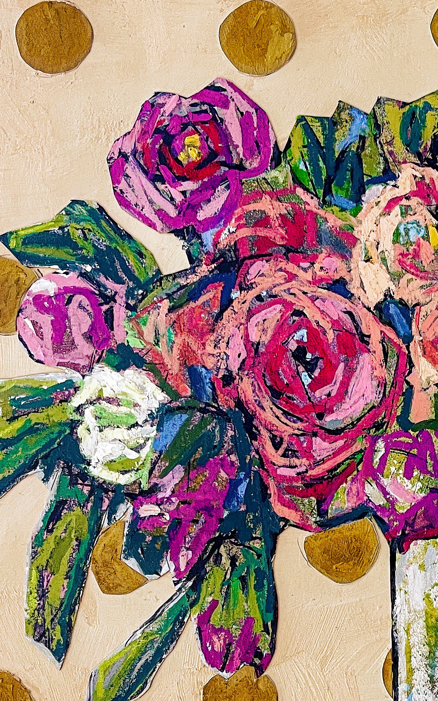 Closeup of painting and collage of mixed bouquet of flowers in a clear vase, sitting on a white/black checked tablecloth and against a beige background decorated with dark yellow circles; artist Rachel Bunteman