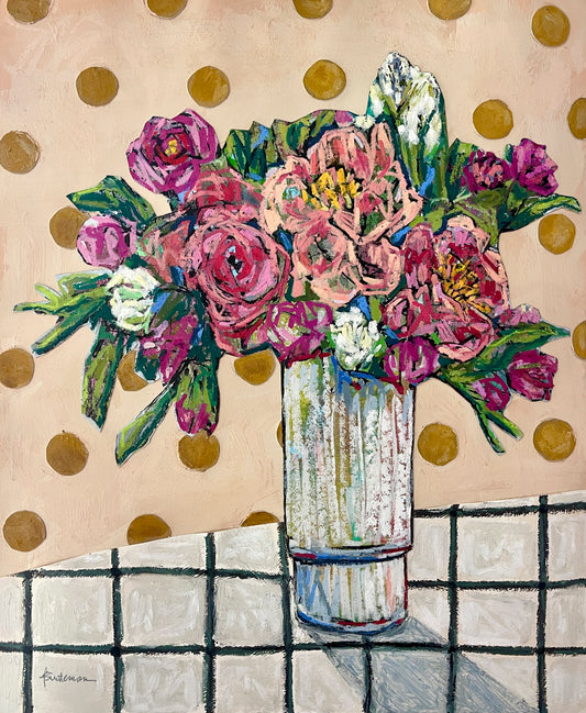Painting and collage of mixed bouquet of flowers in a clear vase, sitting on a white/black checked tablecloth and against a beige background decorated with dark yellow circles; artist Rachel Bunteman