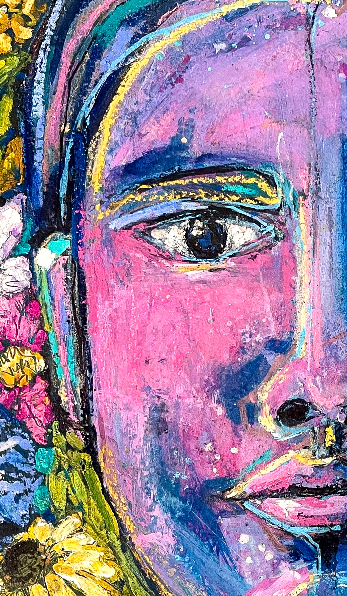 This close up image shows the left cheek of the portrait to highlight the colors of pink, blue, yellow and white. The shading and lines create a very solid, somewhat somber face. Some of the floral background is shown in this image.