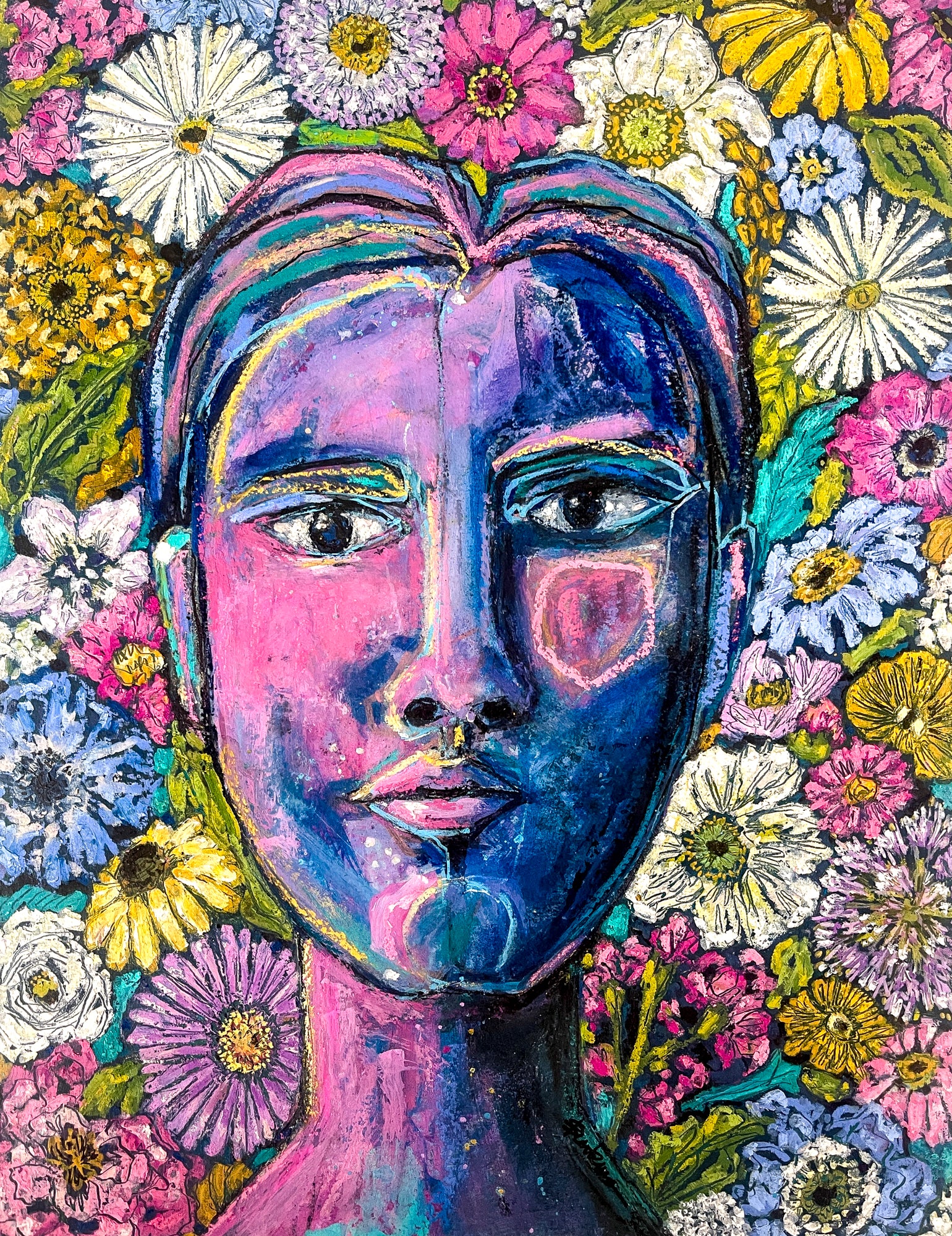 The face in this image is somewhat abstract but contain all the components of a portrait. The colors are blue and pink, and the hair strands of blue, pink, yellow and teal. The eyes look straight and there is a small geometric shape on one cheek. The background is filled with flowers in yellows, pink, white, greens and blues. 