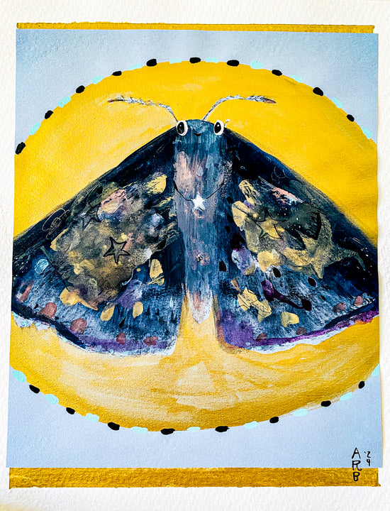 Artistic depiction of a beautiful blue moth with gold highlights against the background of a yellow moon on a light blue background