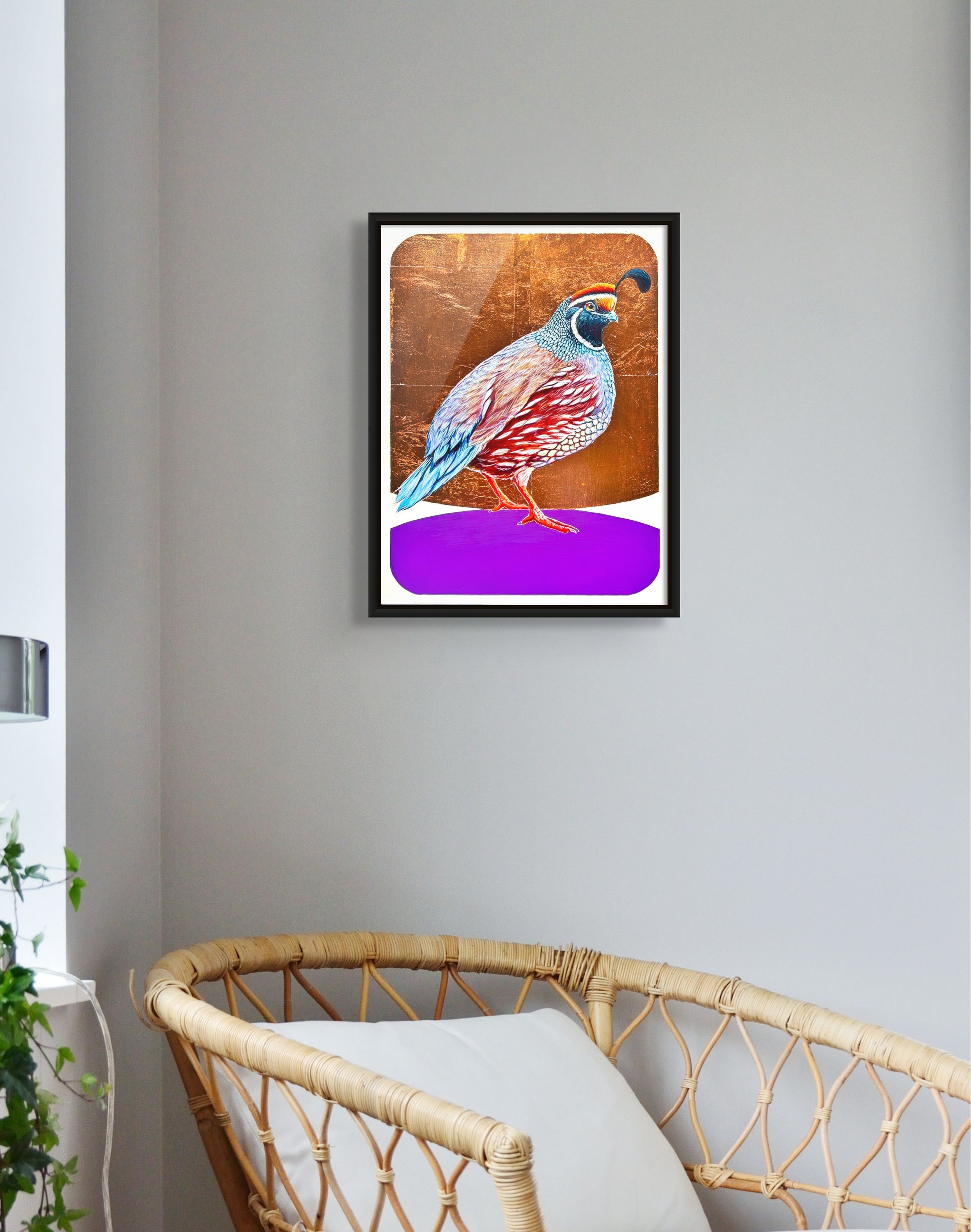 Colorful painted image of quail using reds and blues; quail standing on lavender base against copper leaf background; 12"x16"; artist Marie Lavallee; shown in situ on wall with black frame;