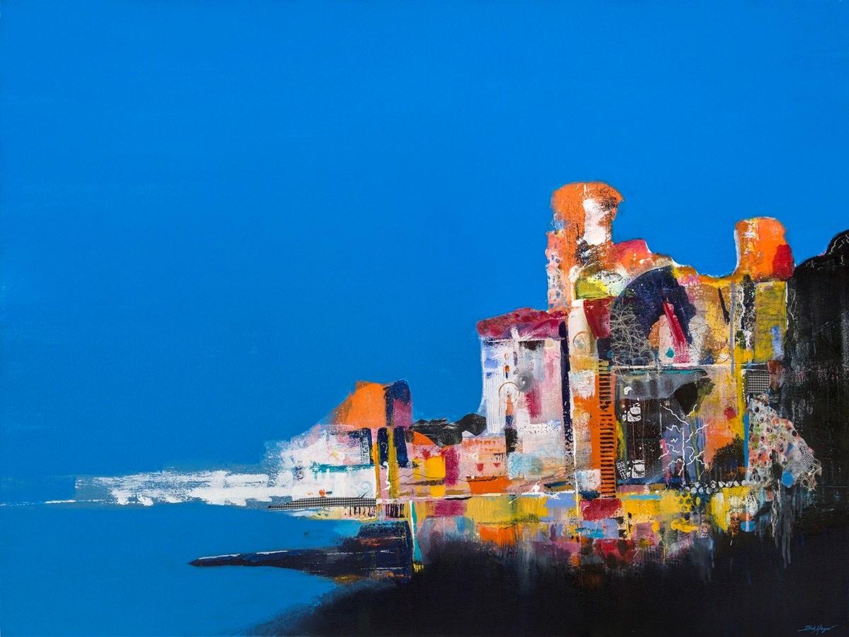A giclee print of the original abstract work entitled Mirage. A blue sky serves as the backdrop for abstract images of a seaside town. Colors include reds, oranges, white and yellows; 15.5"Wx11.5"H; artist Bob Hogue
