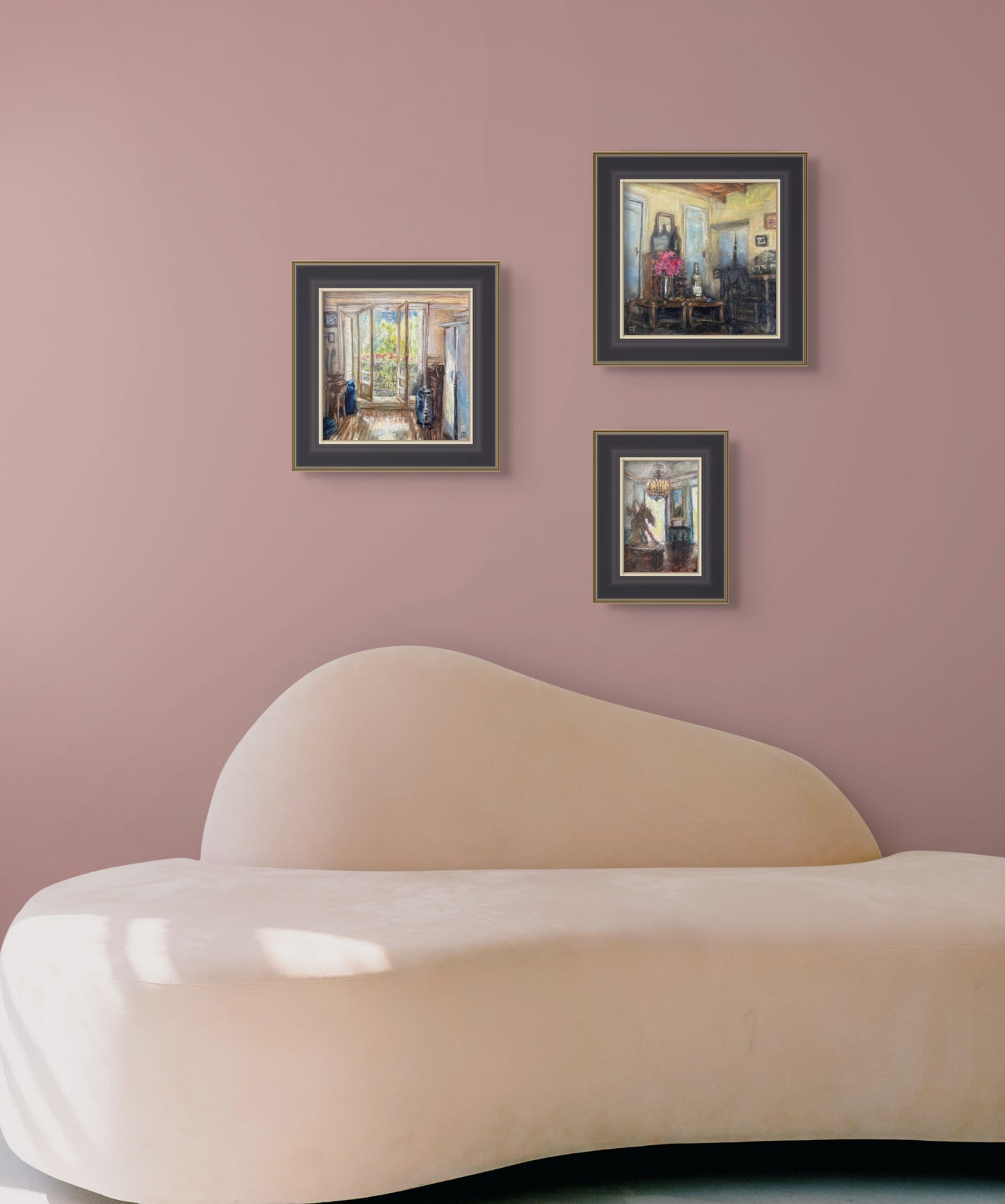 This in situ painting shows three painting by Esther Jacks from her Paris series. The wall montage is situated over a white couch. 