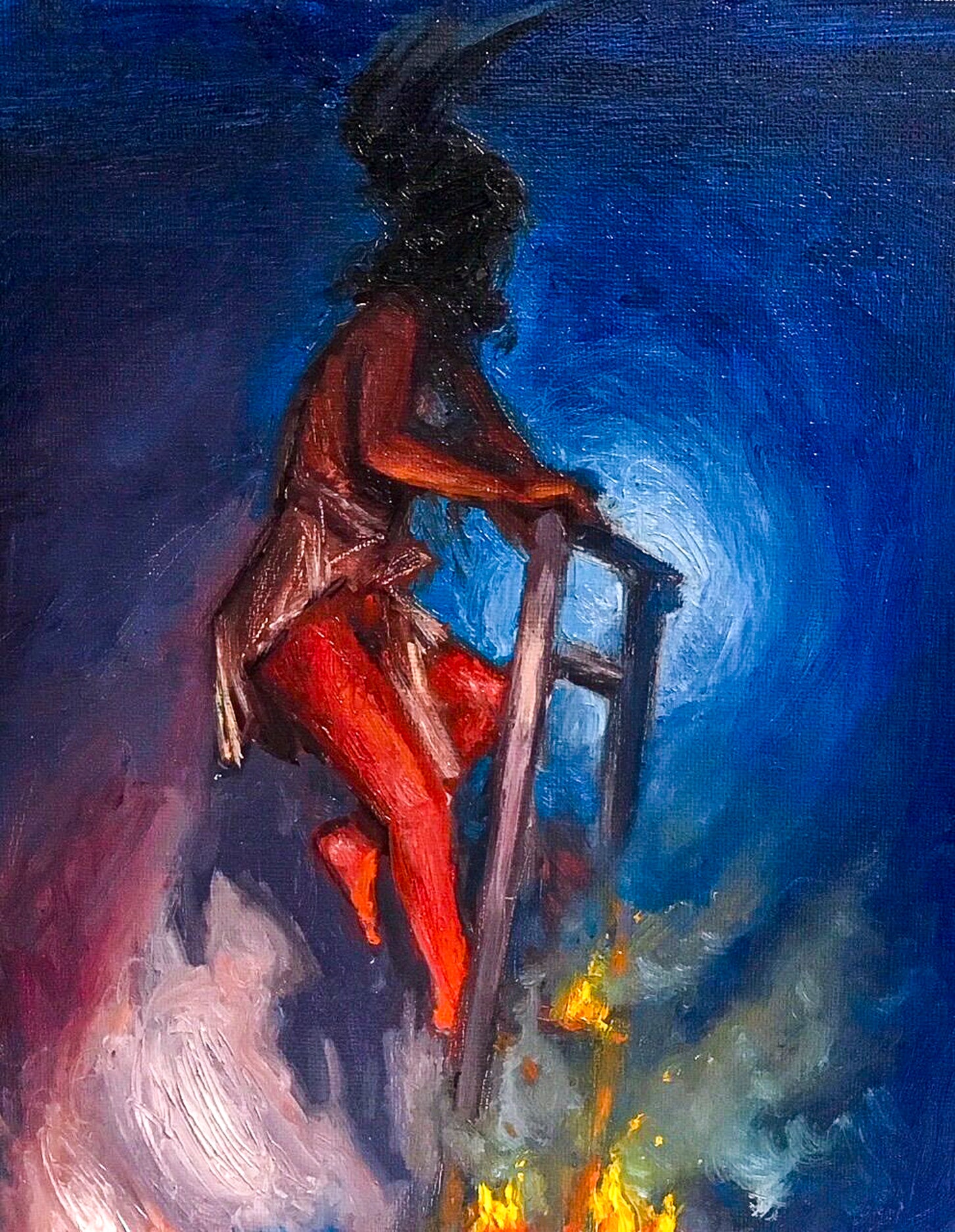 Impressionistic depiction of a person climbing a ladder appearing to go nowhere with a blue and purple background