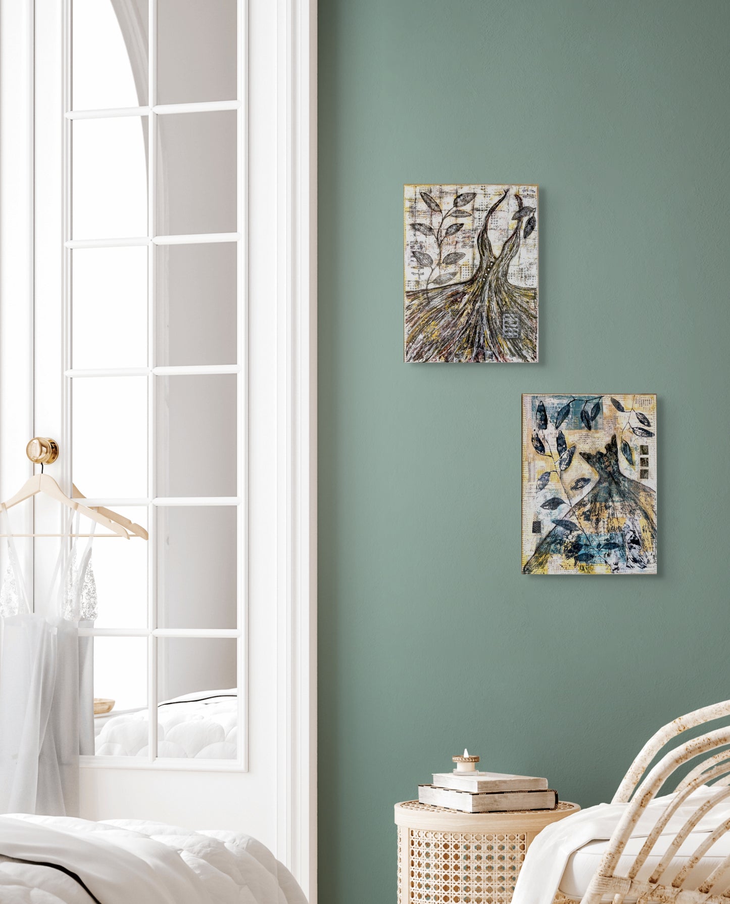 Pairing Kris's two images together they both hang on a light teal wall in a bedroom setting. 