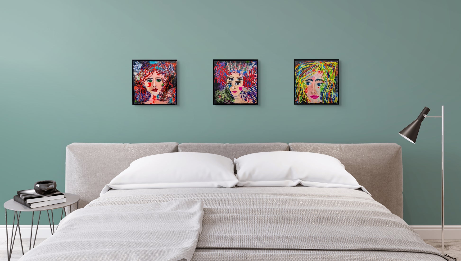 Photo shows a bed, lamp and bedside table with three Whimsy Girls above, Wistful, Double Vision and Electric Daisy