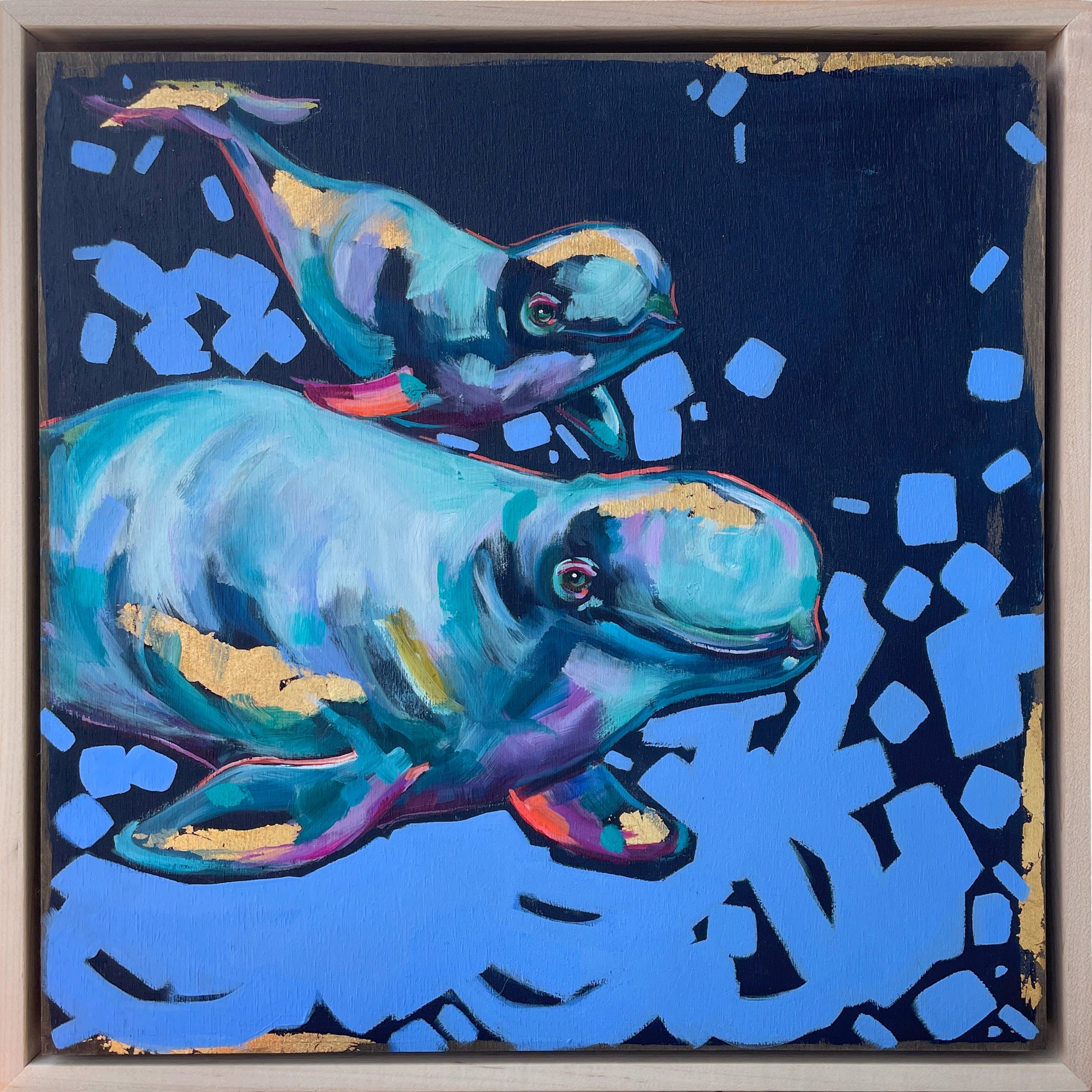 Oil painting of abstract whales in blue shades with gold leaf detail titled 'Everything Whale be Alright' by Shaney Watters