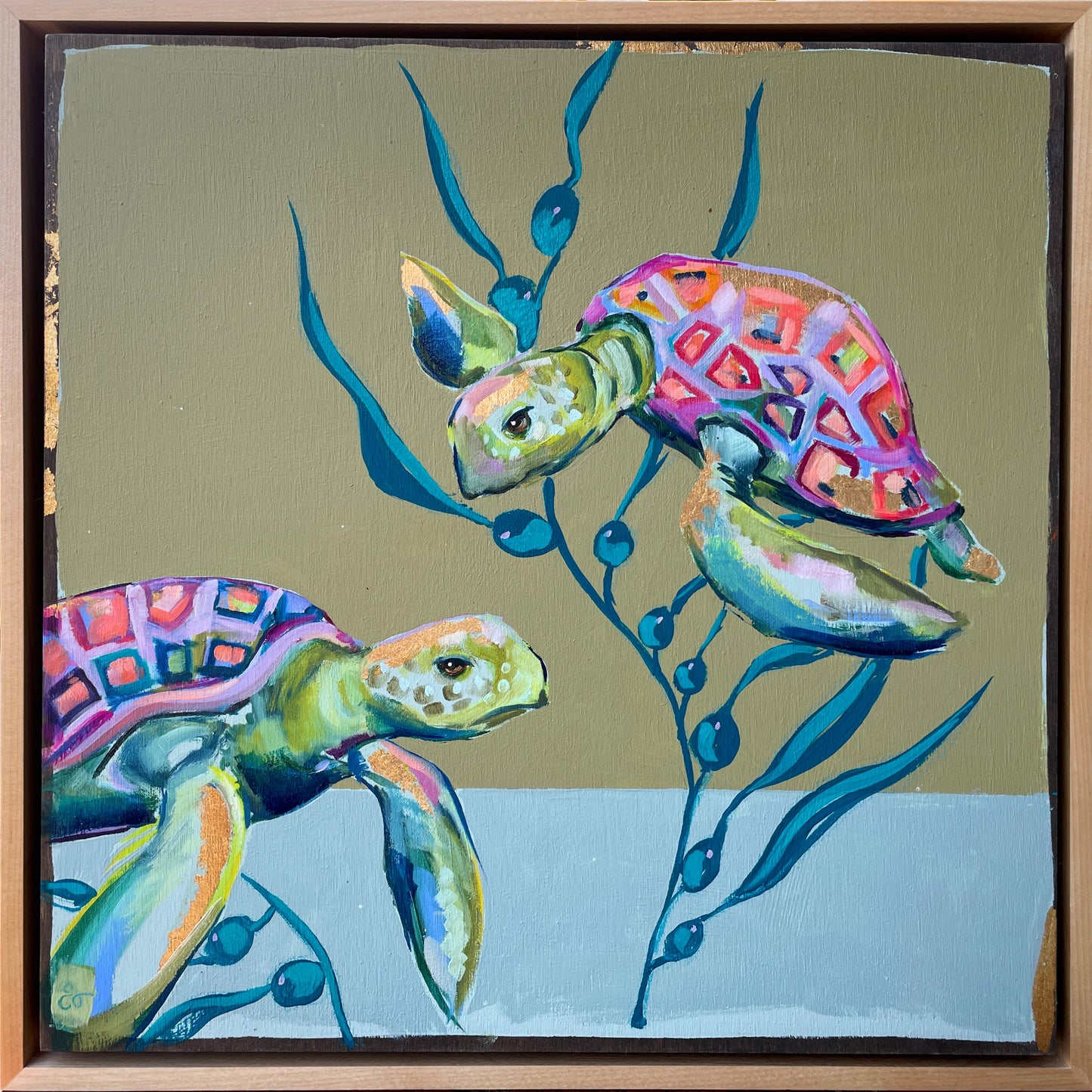 Painting of sea two sea turtles in colorful shades with gold leaf detail titled 'Shell Games' by Shaney Watters